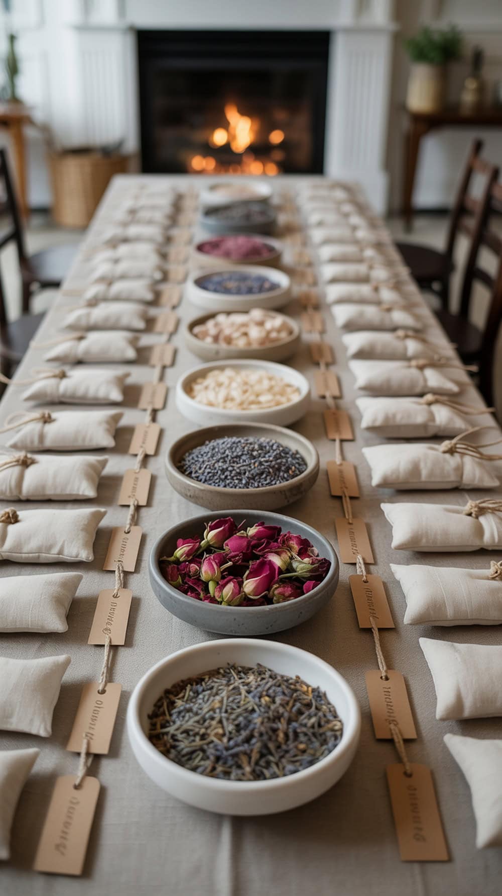 A DIY sachet station with bowls of dried flowers and herbs, fabric pouches, and wooden spoons on a table.