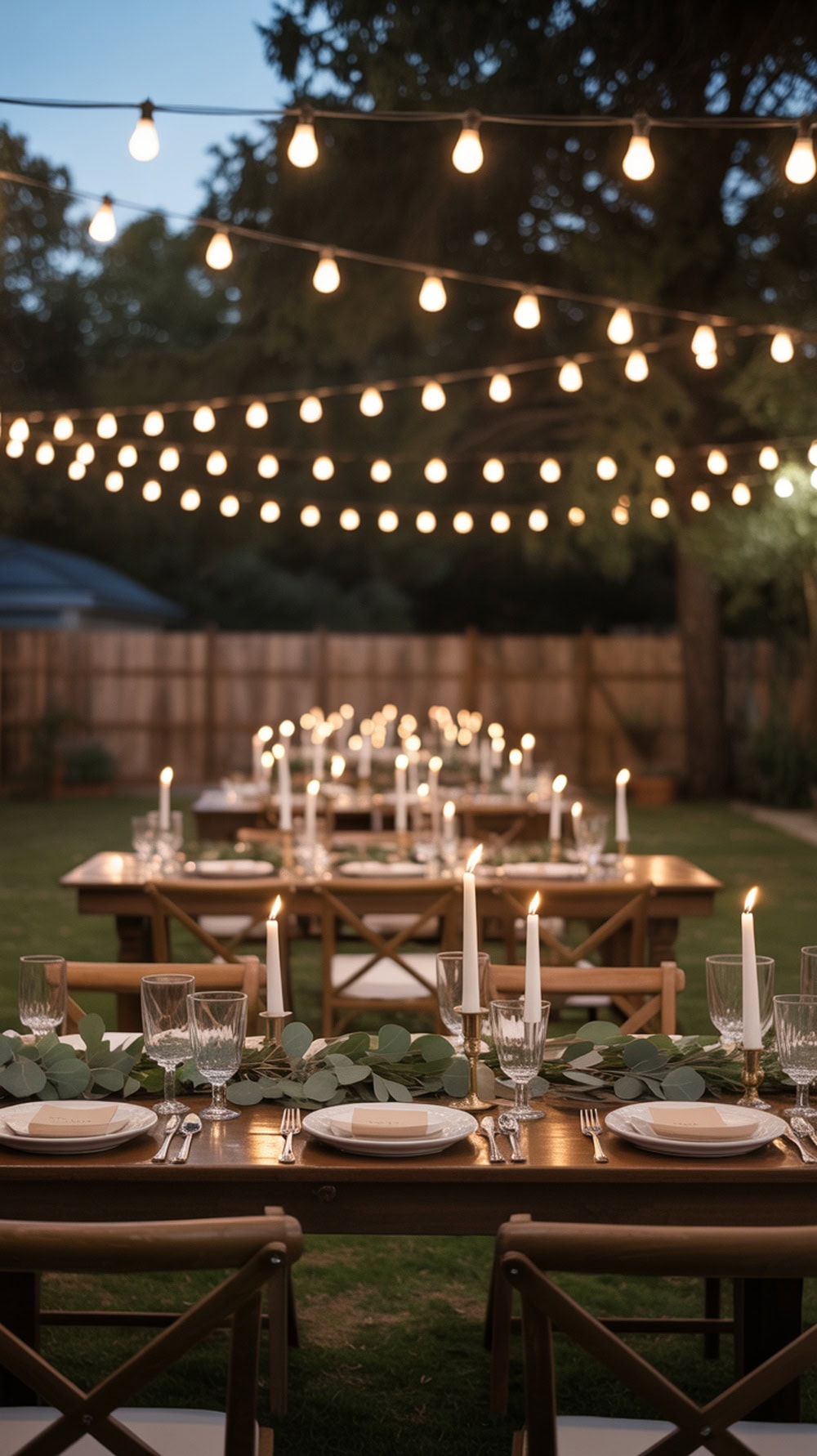 A beautifully set backyard wedding table under twinkling lights with candles and greenery.