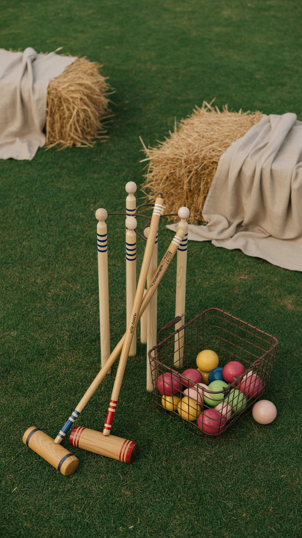 A croquet set with colorful balls and mallets in a grassy meadow, surrounded by hay bales.