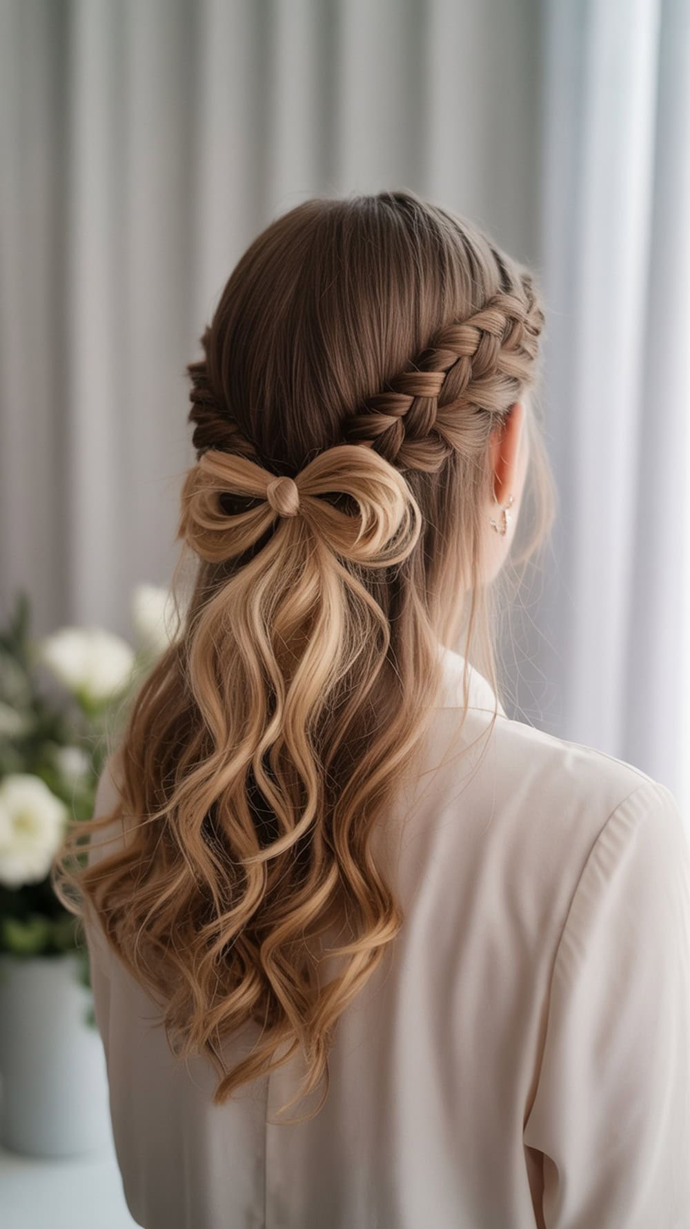 Half-up bow braid hairstyle with long curls