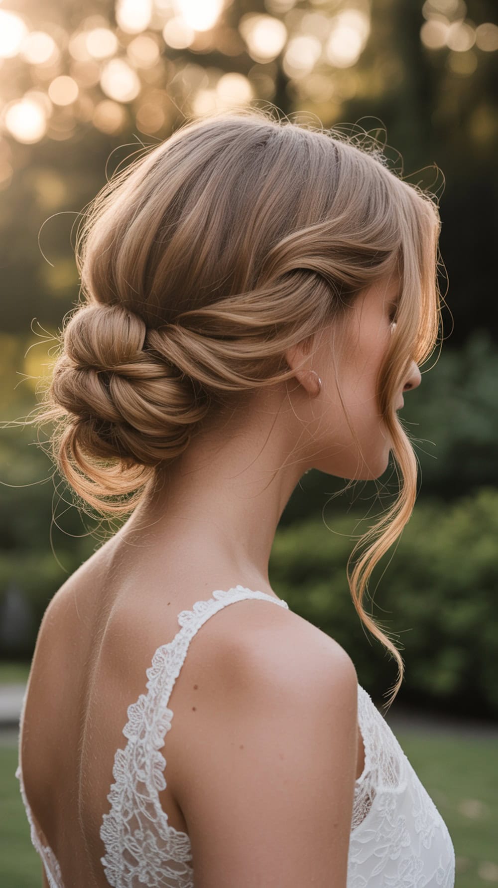 A romantic low twist bun with loose waves framing the face, showcasing a bride's elegant hairstyle.
