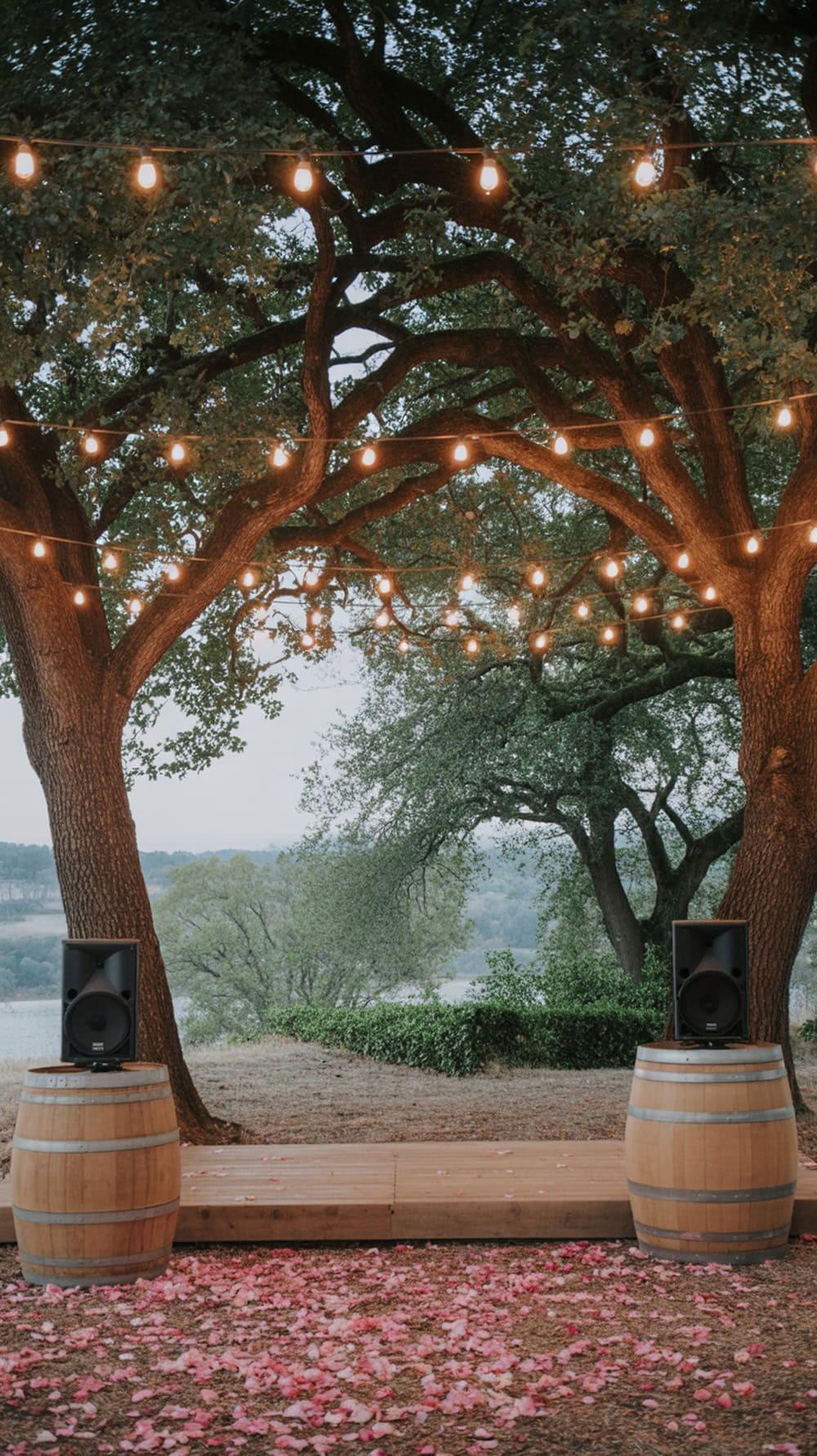 An outdoor dance floor setup with string lights and speakers, surrounded by trees and flower petals.