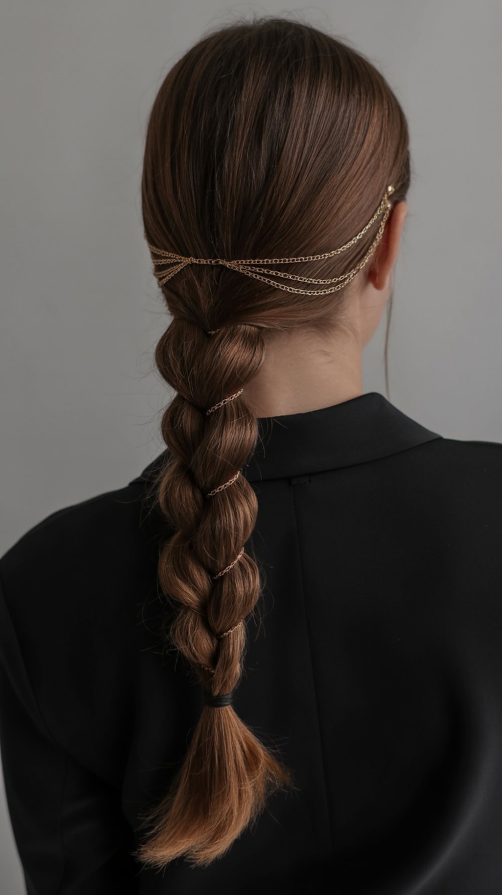 A woman with a low braided ponytail adorned with hair jewelry, showcasing a simple yet elegant hairstyle.
