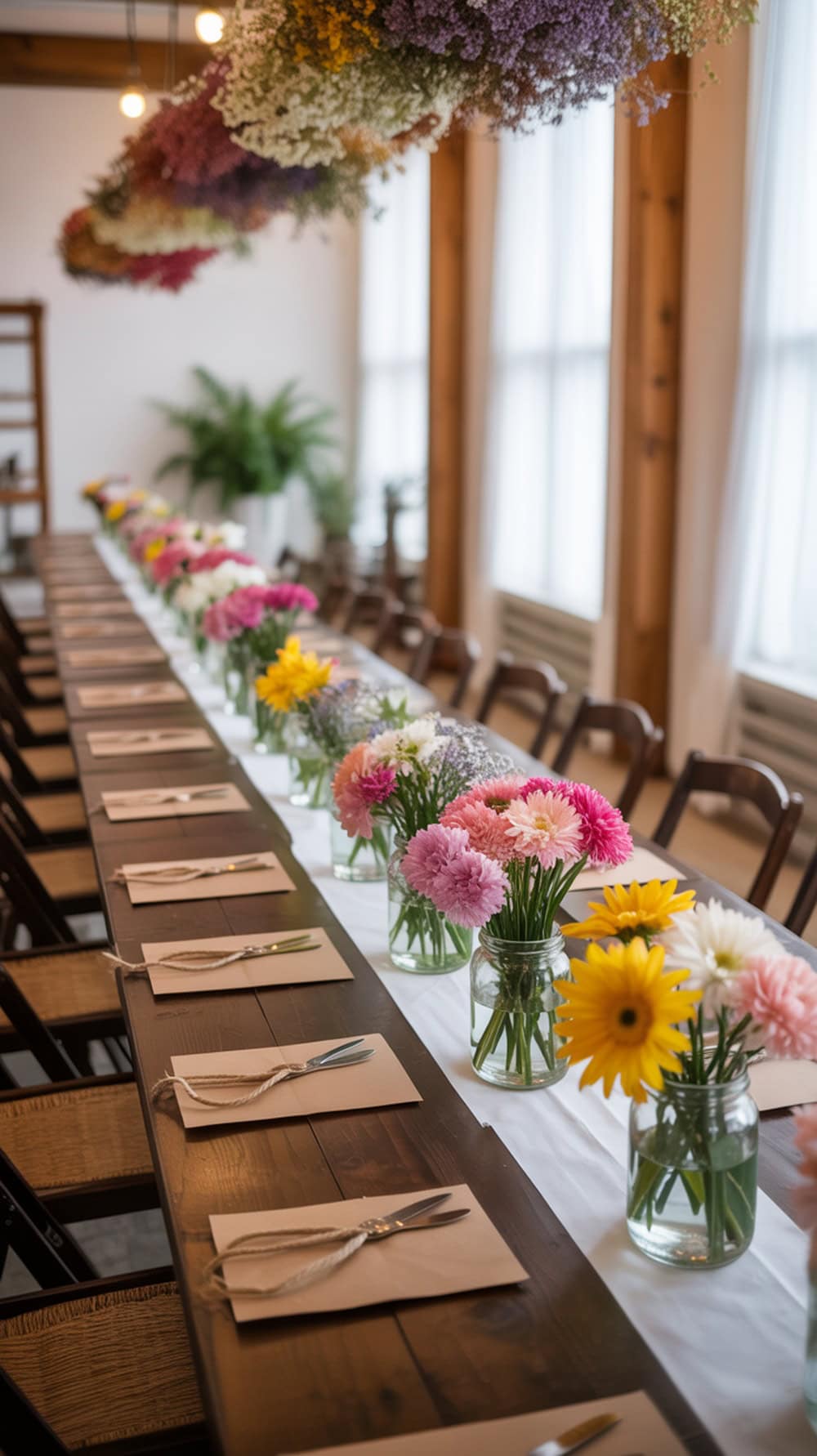 A long table set up for a mini bouquet station with colorful flowers in jars, scissors, and place settings.