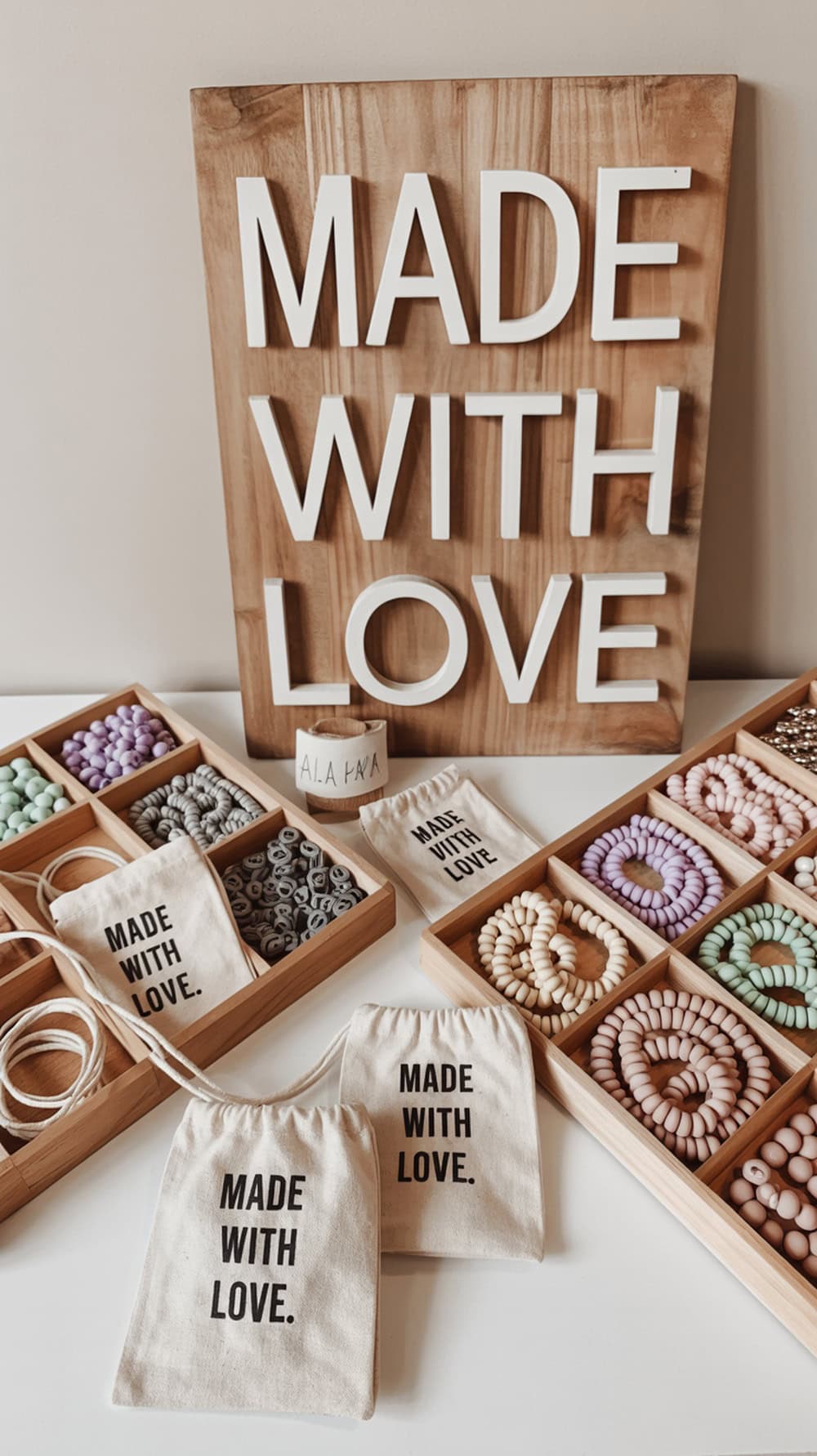 A Build-Your-Own Bracelet Station with colorful beads and a sign that says 'MADE WITH LOVE'.
