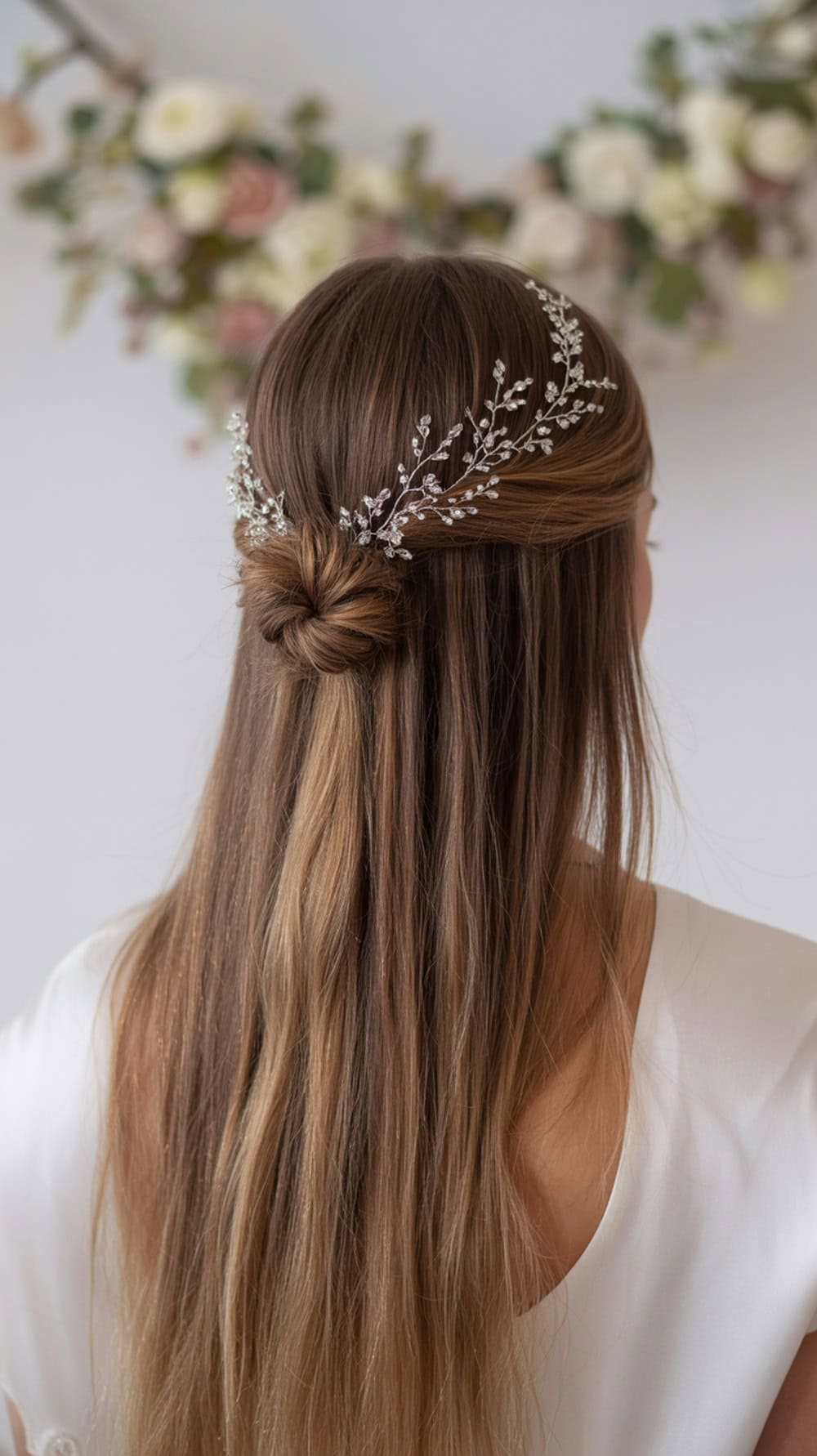 A woman with long straight hair styled in a half-up knot, adorned with a crystal hair vine.