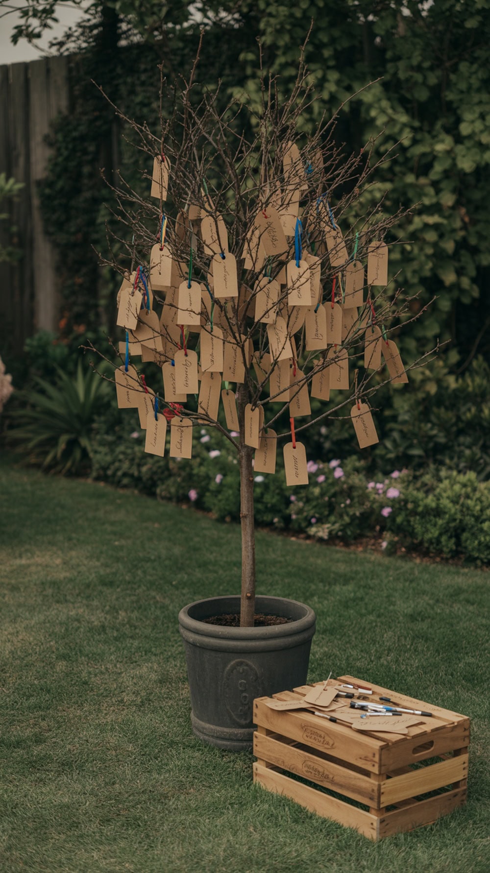 A wishing tree with tags for guests to write messages at an outdoor wedding.