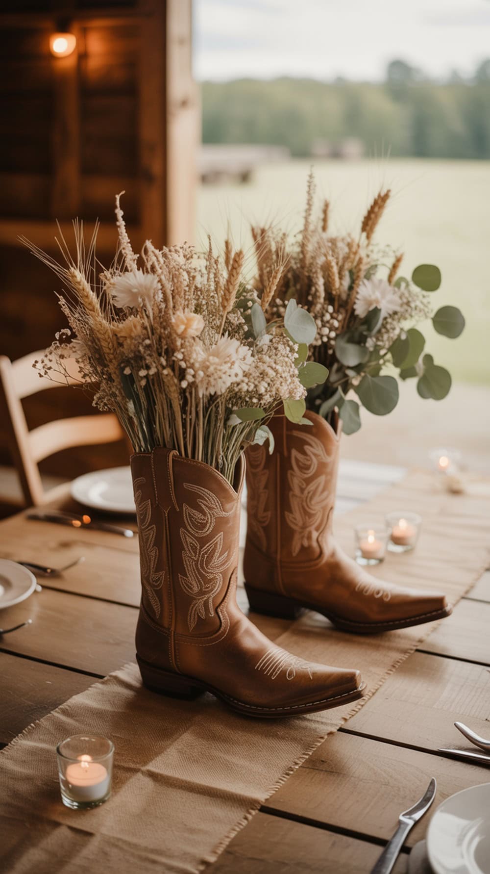 Cowboy boots filled with dried flowers on a rustic table setting