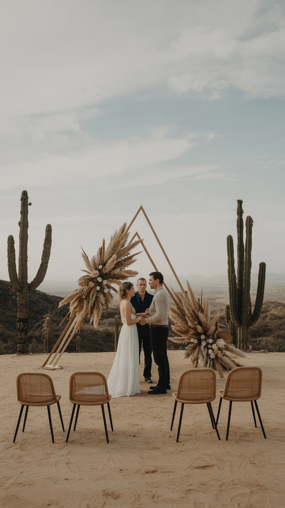 A couple exchanging vows during a desert micro wedding with cacti in the background.