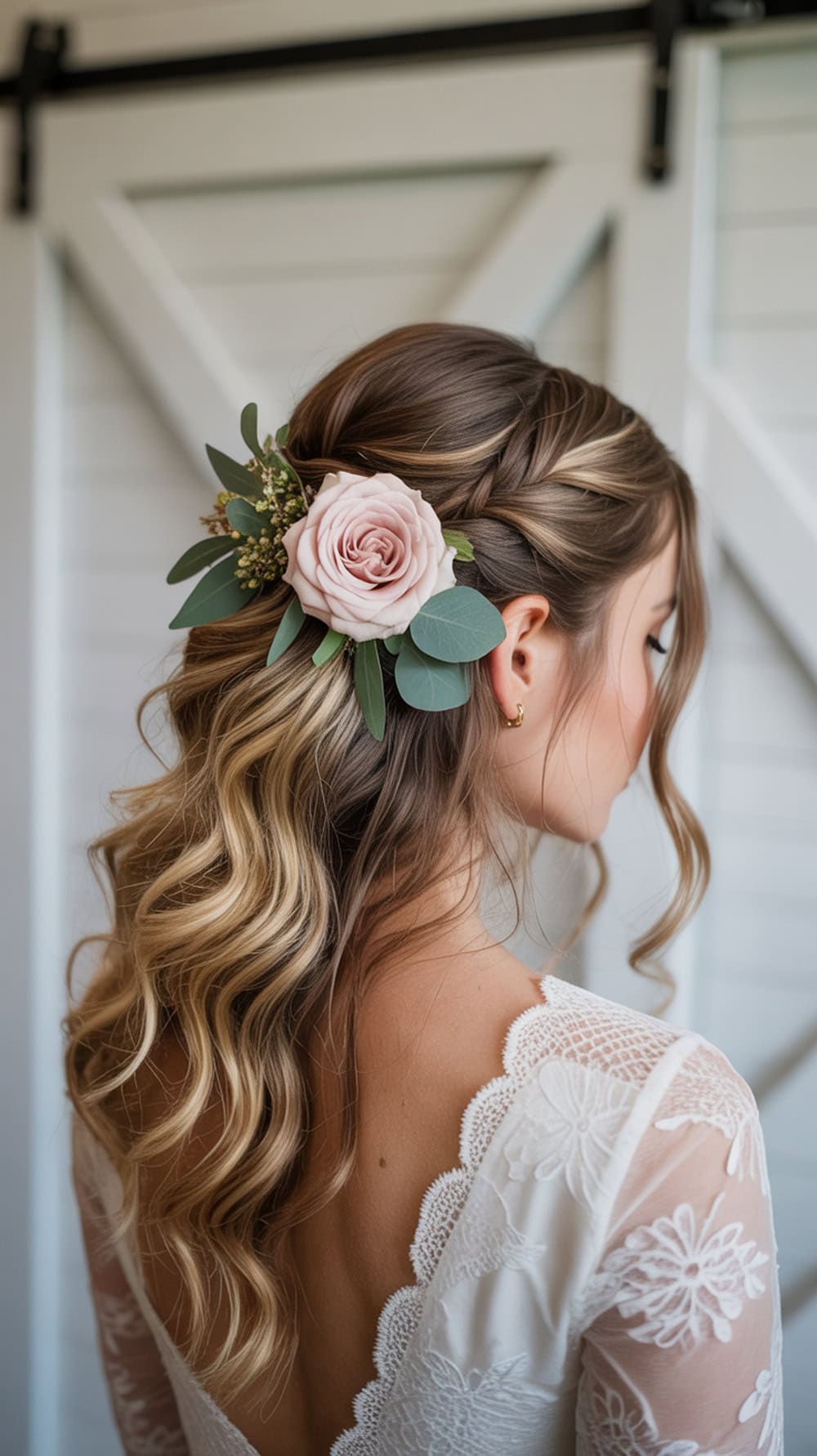 A woman with long wavy hair styled in a half-updo with a floral accent, featuring a pink rose and green leaves.