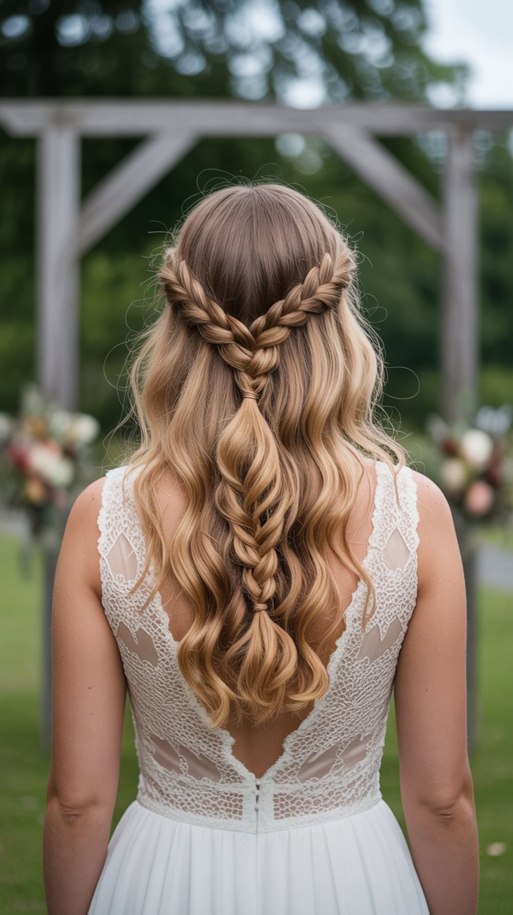 A bride with a waterfall braid and soft beachy waves, showcasing a romantic hairstyle.
