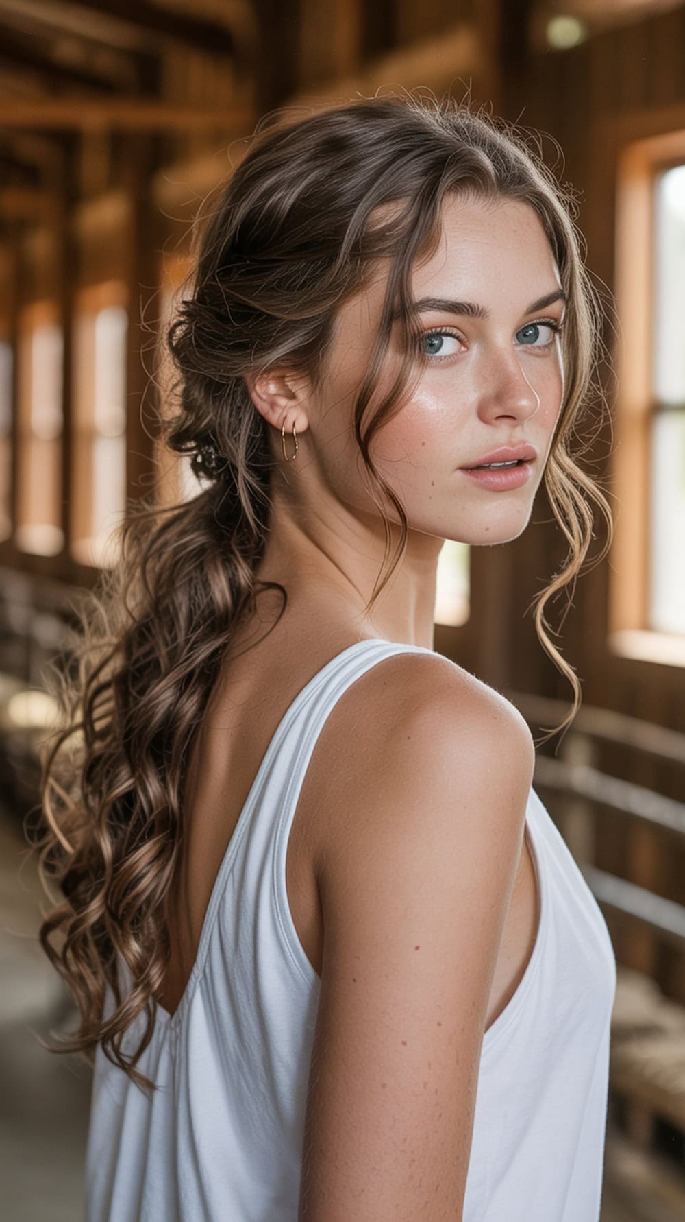 A woman with long wavy hair styled in a messy updo with loose strands, set in a rustic barn environment.