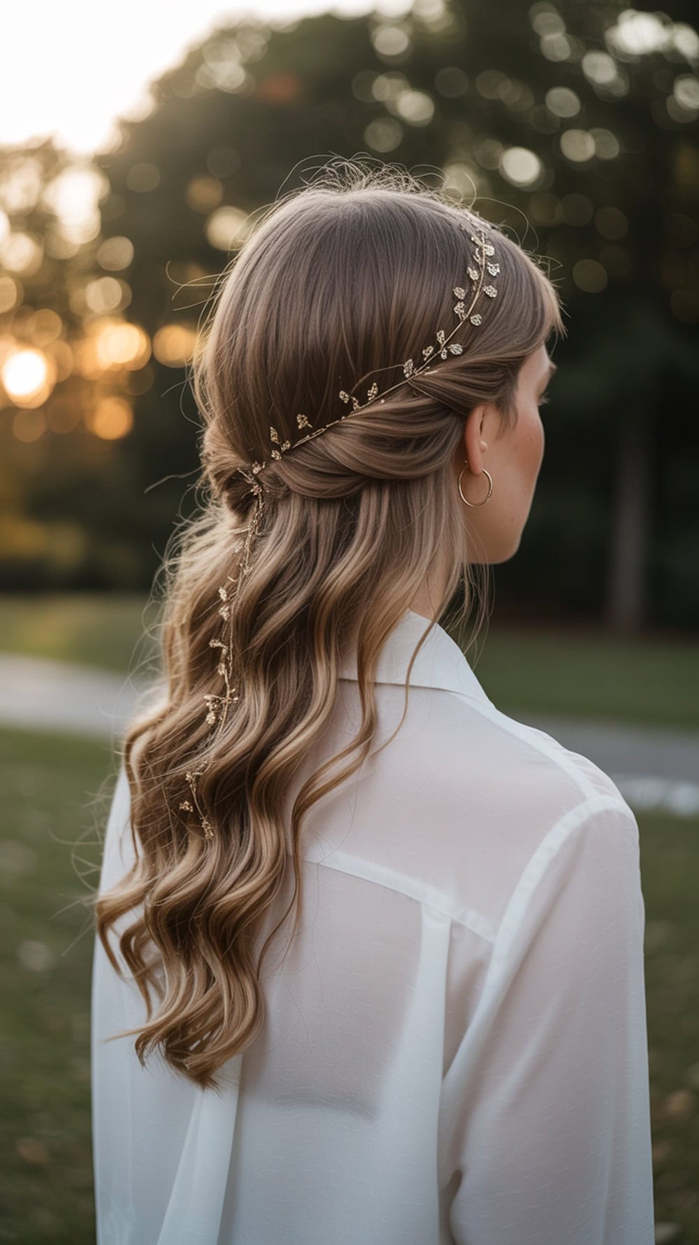 A woman with long wavy hair styled in a side-swept manner, adorned with a delicate hair vine, standing outdoors.