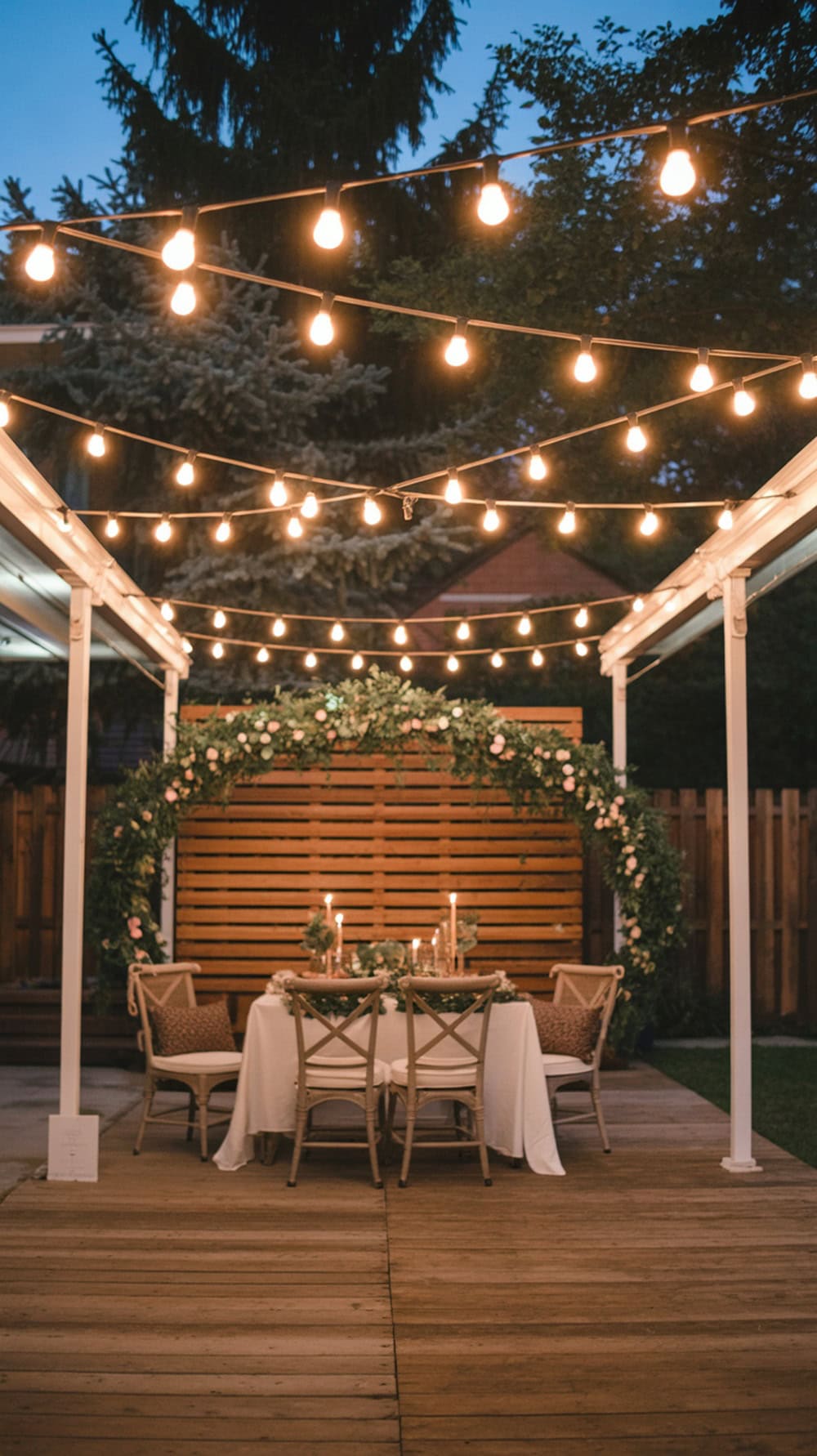 A cozy outdoor wedding setup with a string light canopy overhead, featuring a beautifully arranged table and floral decorations.