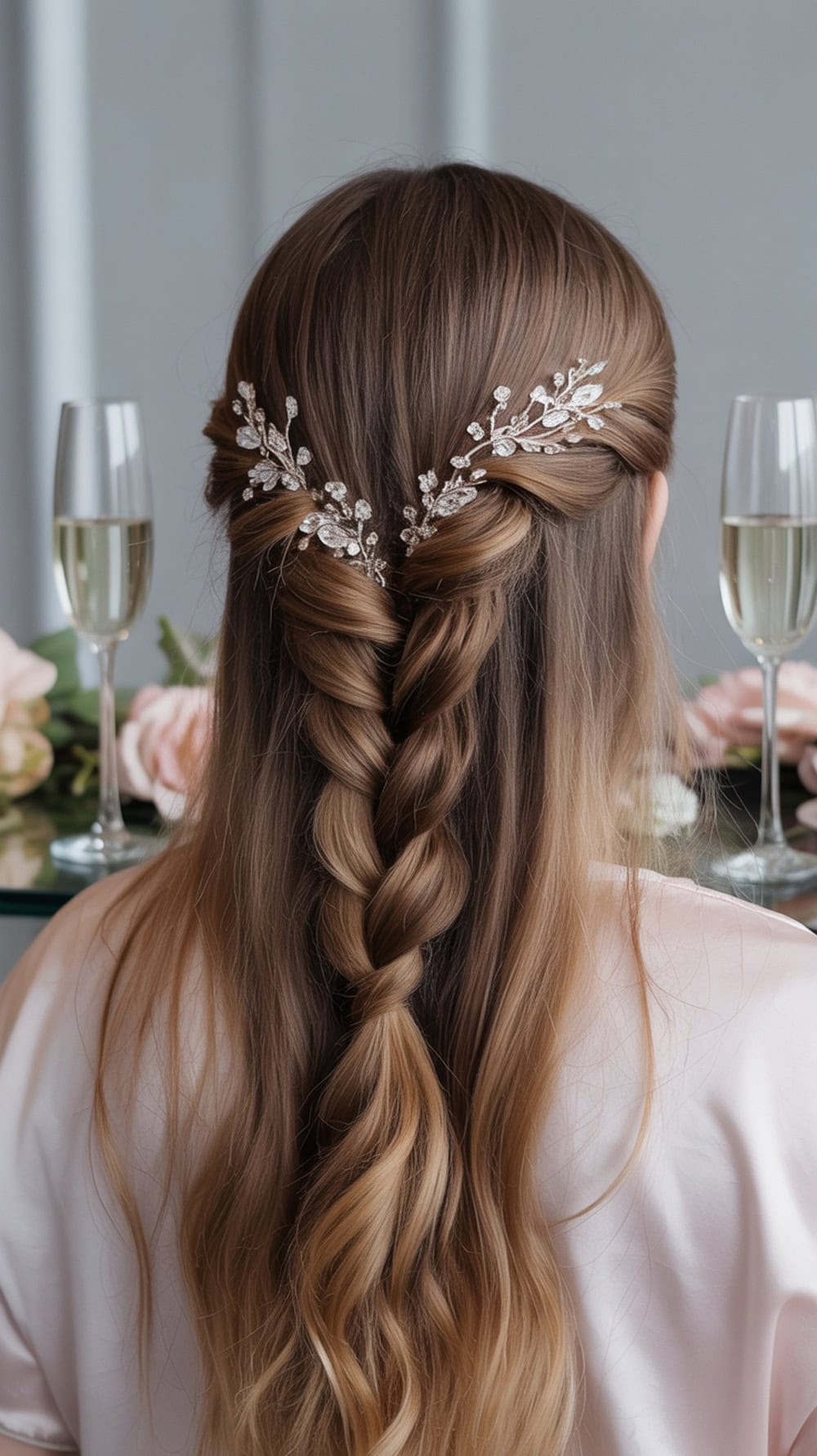 A woman with long straight hair styled in a half-up waterfall twist, adorned with jewels, set against a backdrop of flowers and champagne glasses.