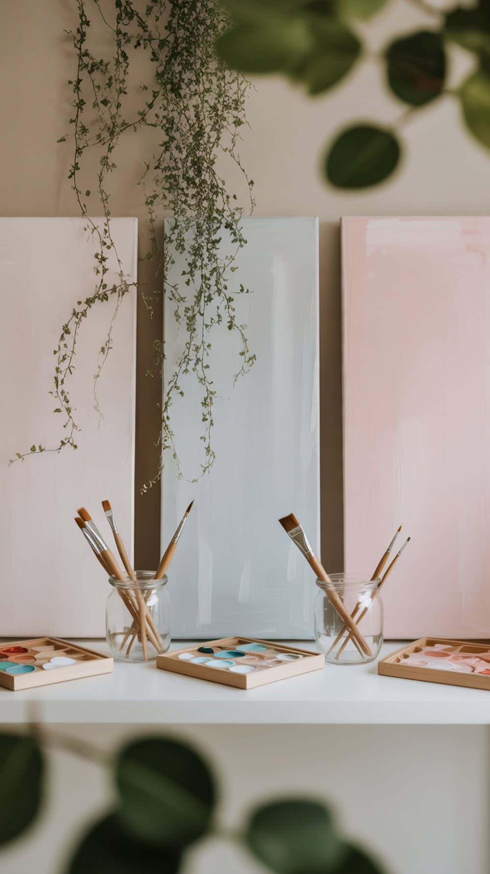 A wedding memory mural station with pastel canvases and paintbrushes.