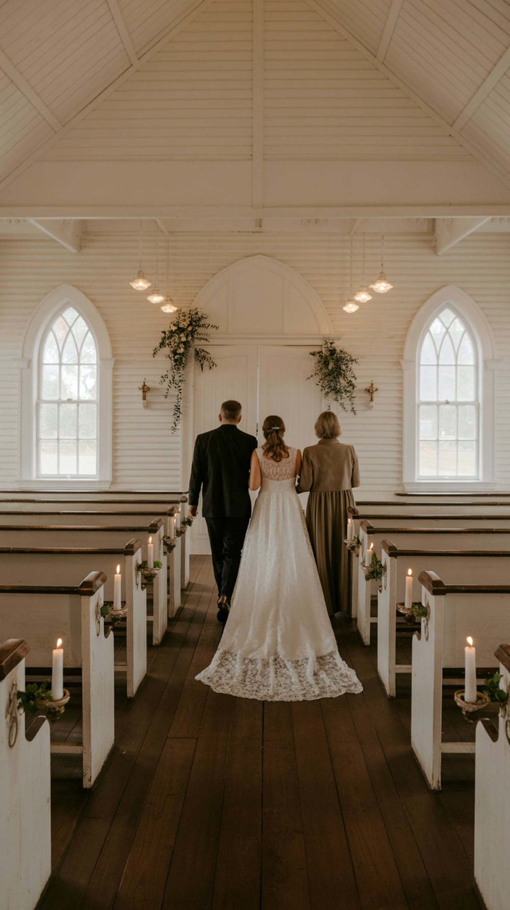 A bride walking down the aisle in a tiny chapel with her parents.