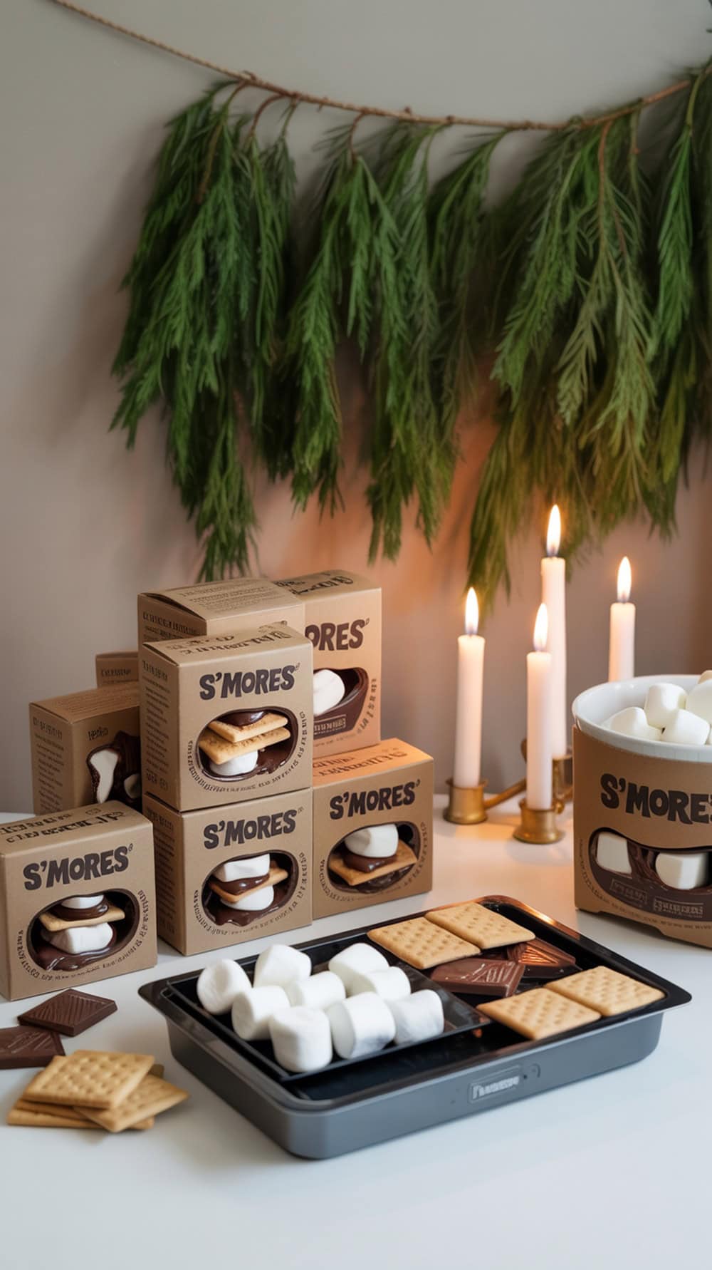 Indoor s'mores setup with ingredients and candles