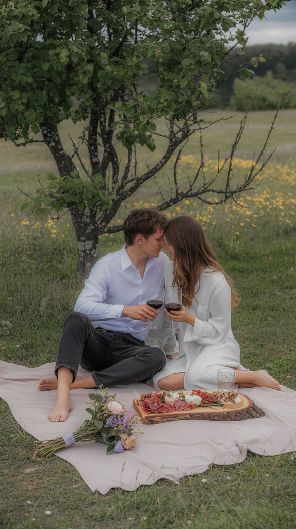 A couple enjoying a picnic under a tree, toasting with wine glasses, with a charcuterie board and flowers nearby.