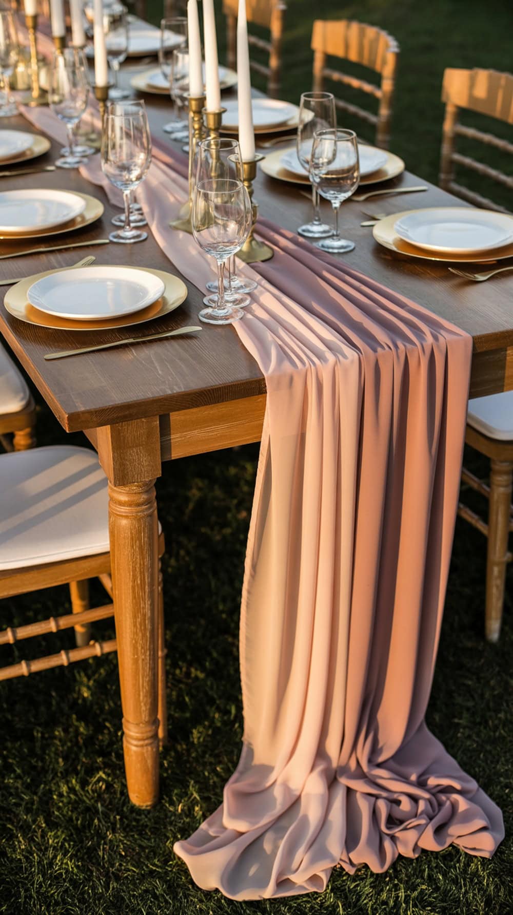 A beautifully set table featuring blush and taupe chiffon table runners, elegant glassware, and gold accents.