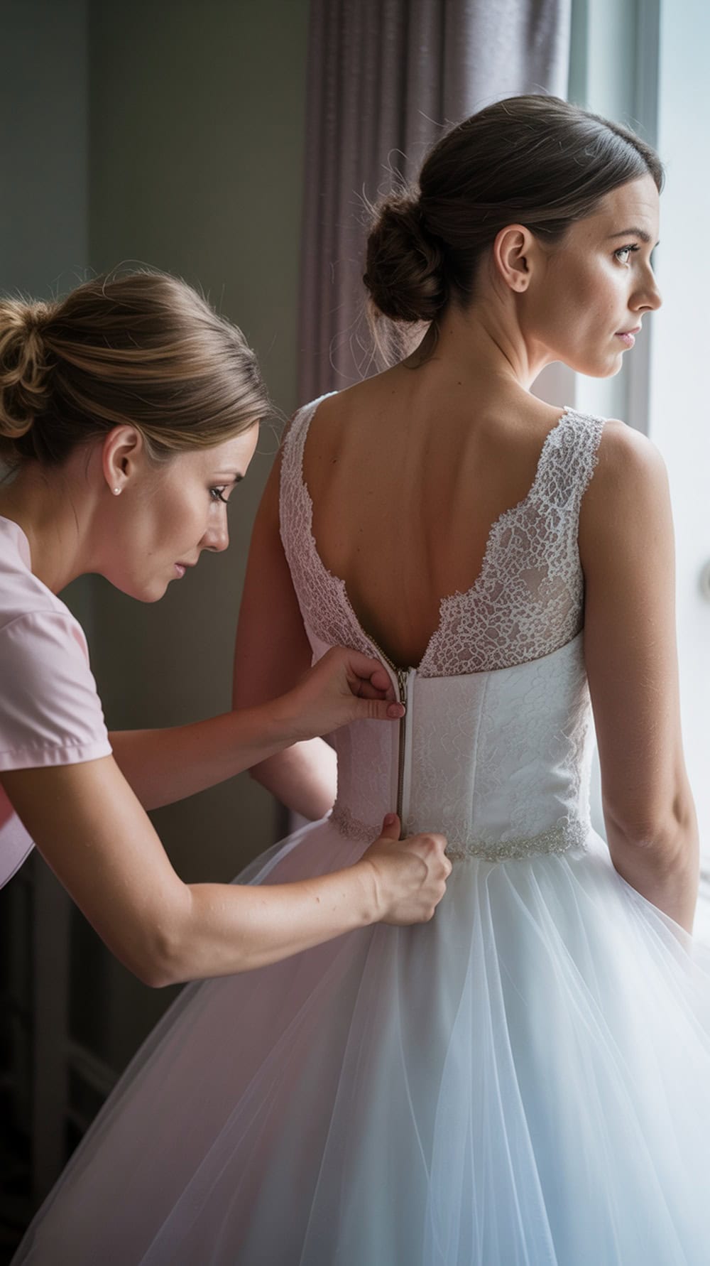 A bride getting assistance with the zipper of her wedding dress.