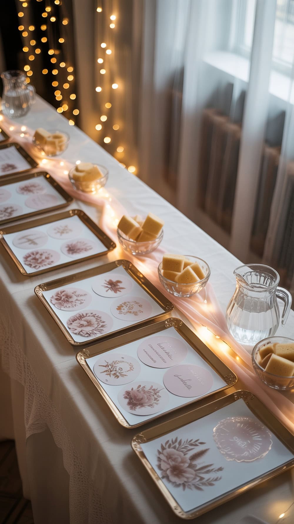 A beautifully arranged temporary tattoo bar with trays of floral designs and bowls of sponges.