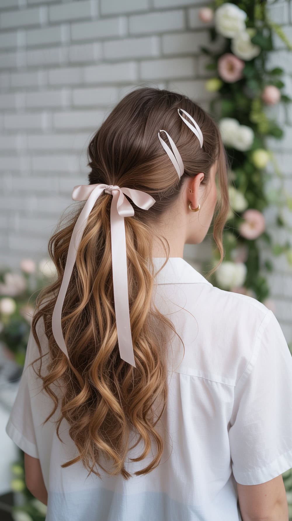 A woman with long wavy hair styled in a low bubble ponytail, adorned with a pink ribbon and hair clips.