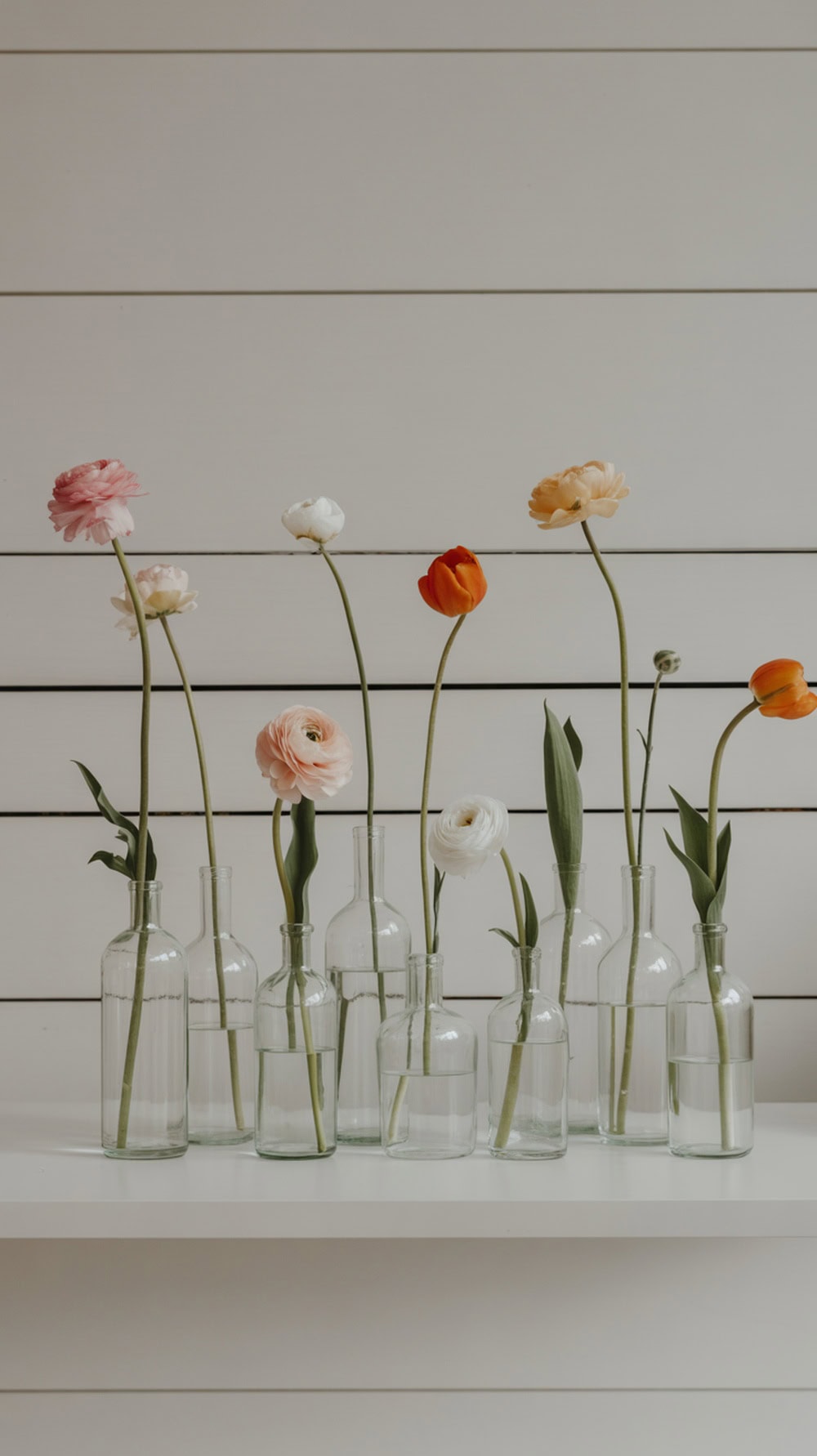 A collection of glass bottle bud vases with single flower stems in various colors.