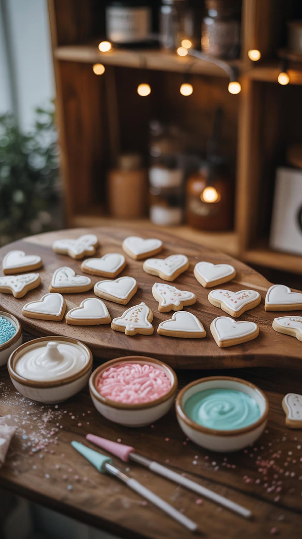 A beautifully arranged cookie decorating table with heart-shaped cookies, colorful icing, and sprinkles.
