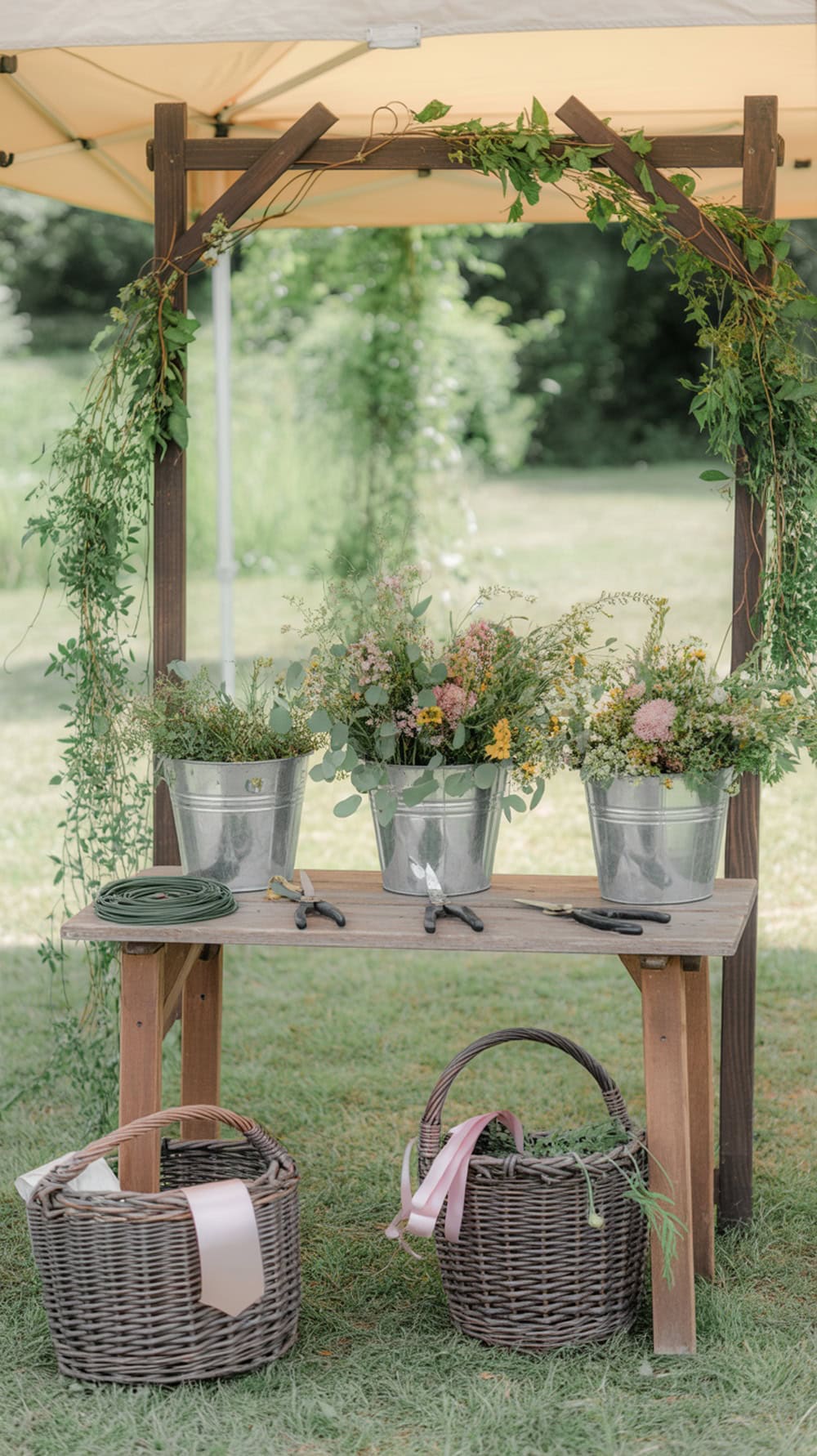 A flower crown making station with buckets of flowers, scissors, and floral wire set up under a tent.