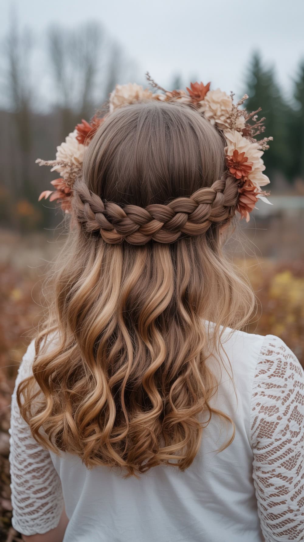 A woman with a half-up braided crown hairstyle adorned with dried florals, showcasing loose curls and a natural setting.