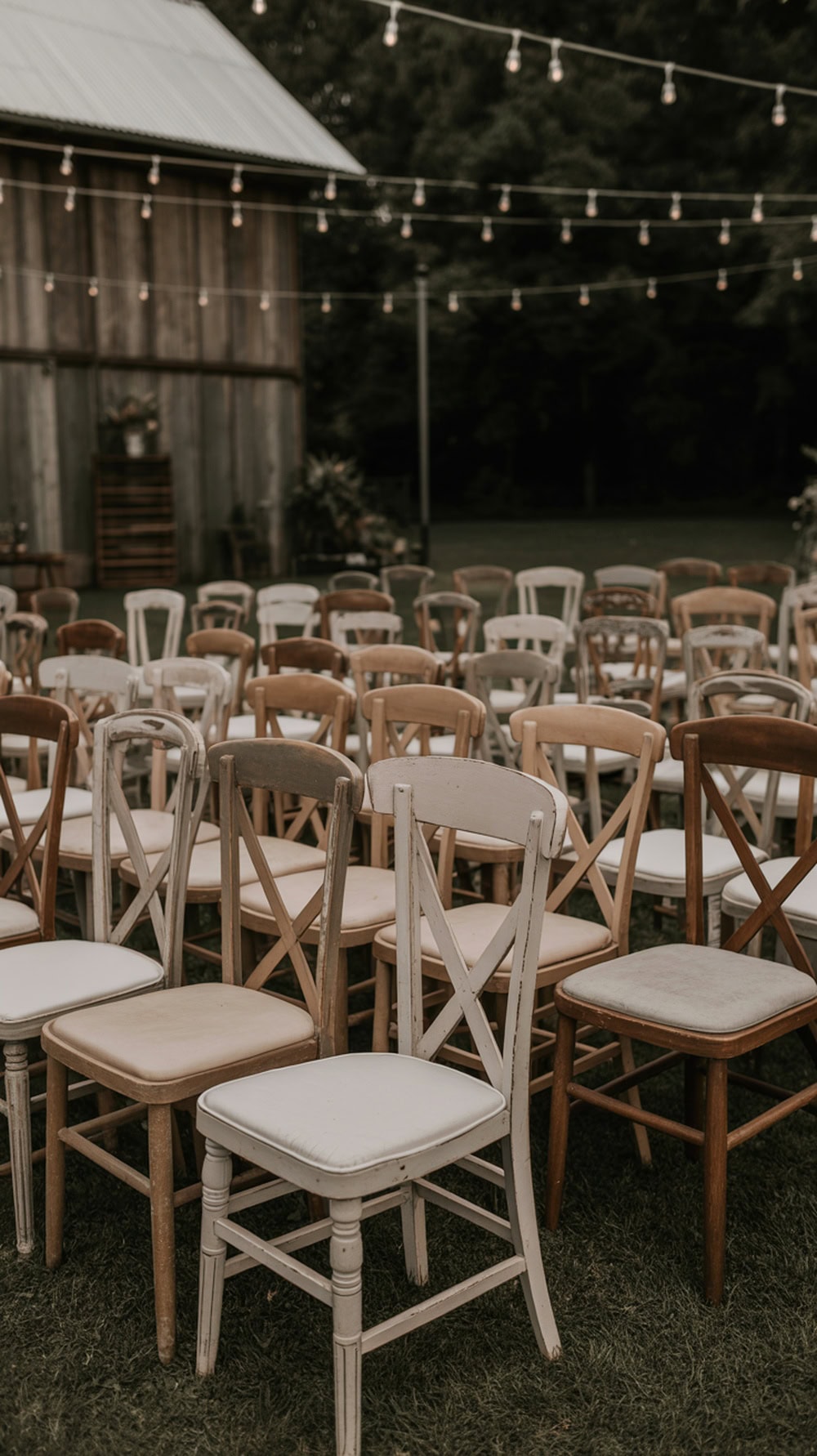 A collection of mismatched wooden chairs set up for a wedding ceremony.