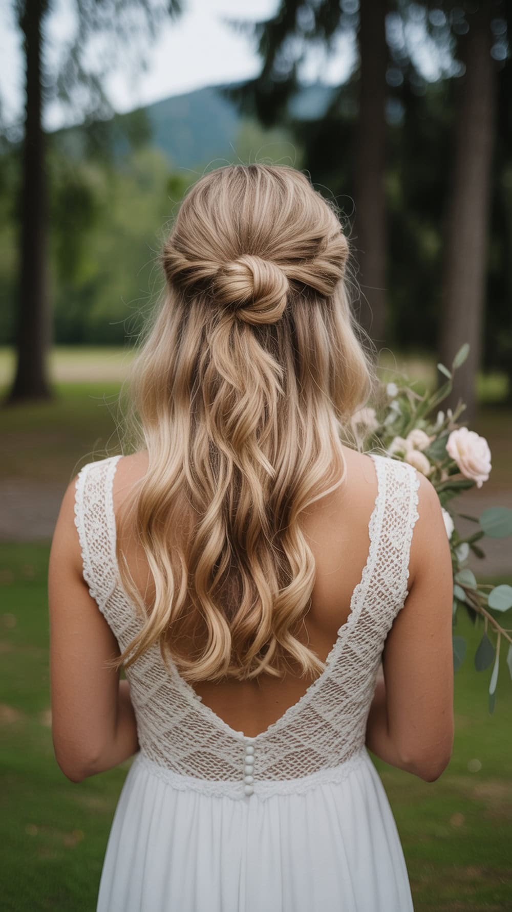 A bride with a half-up top knot and wavy hair, wearing a lace dress, standing outdoors