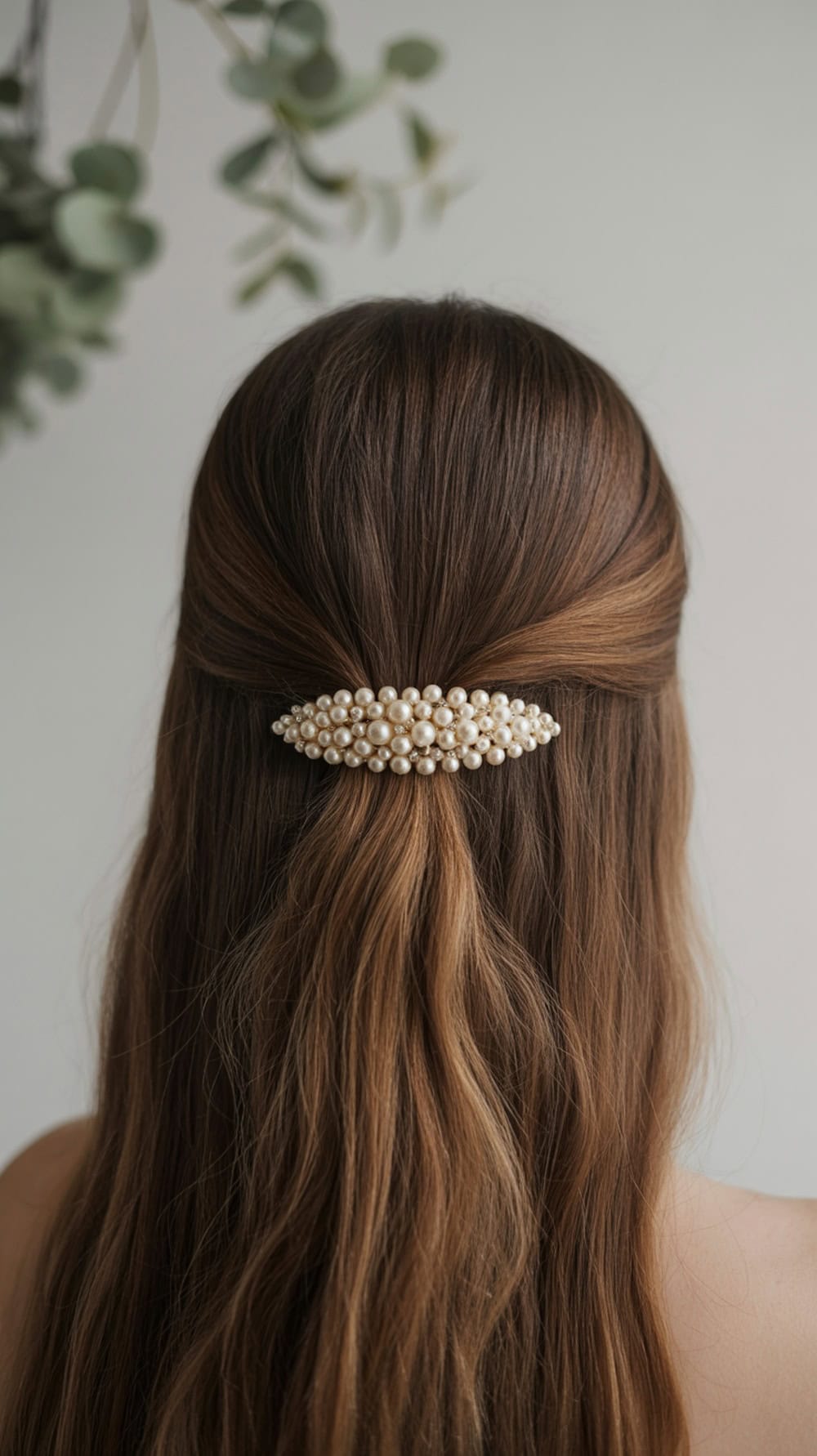 Long straight hair styled with a pearl back clip