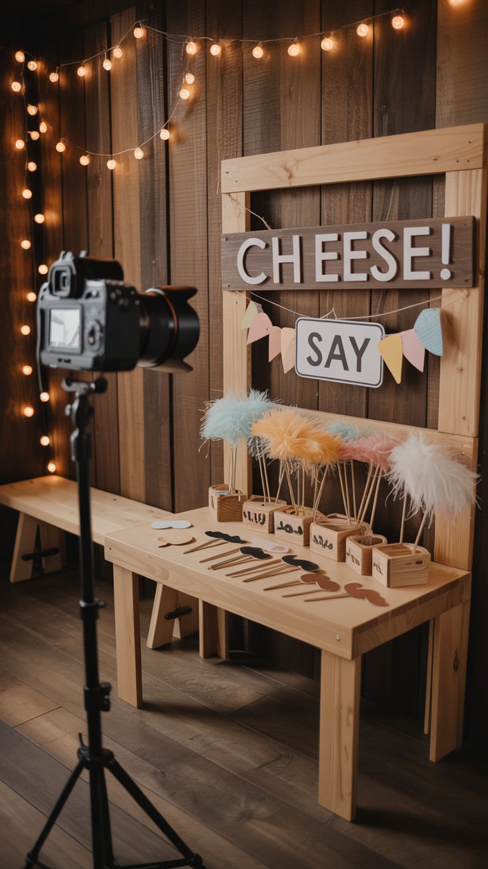 A mini photo booth setup with a 'CHEESE!' sign, colorful props, and twinkling lights.