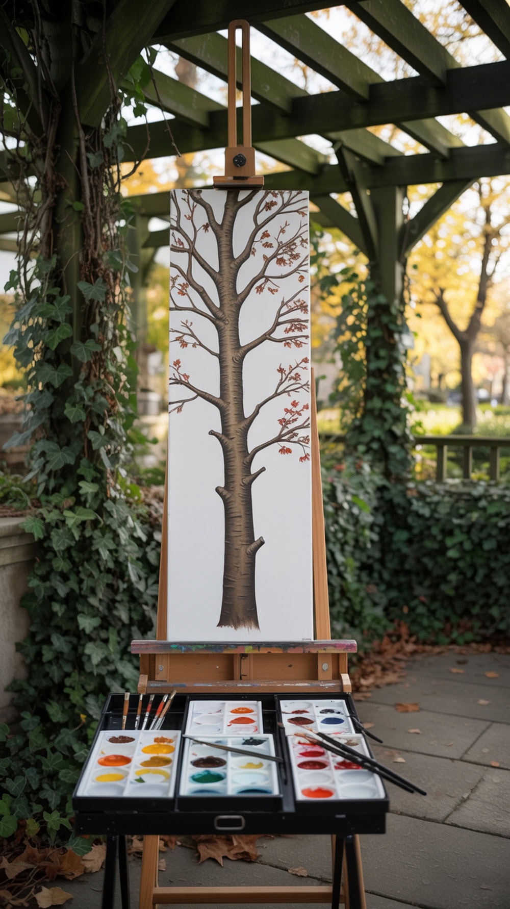 A collaborative tree painting canvas set up outdoors with paints and brushes.