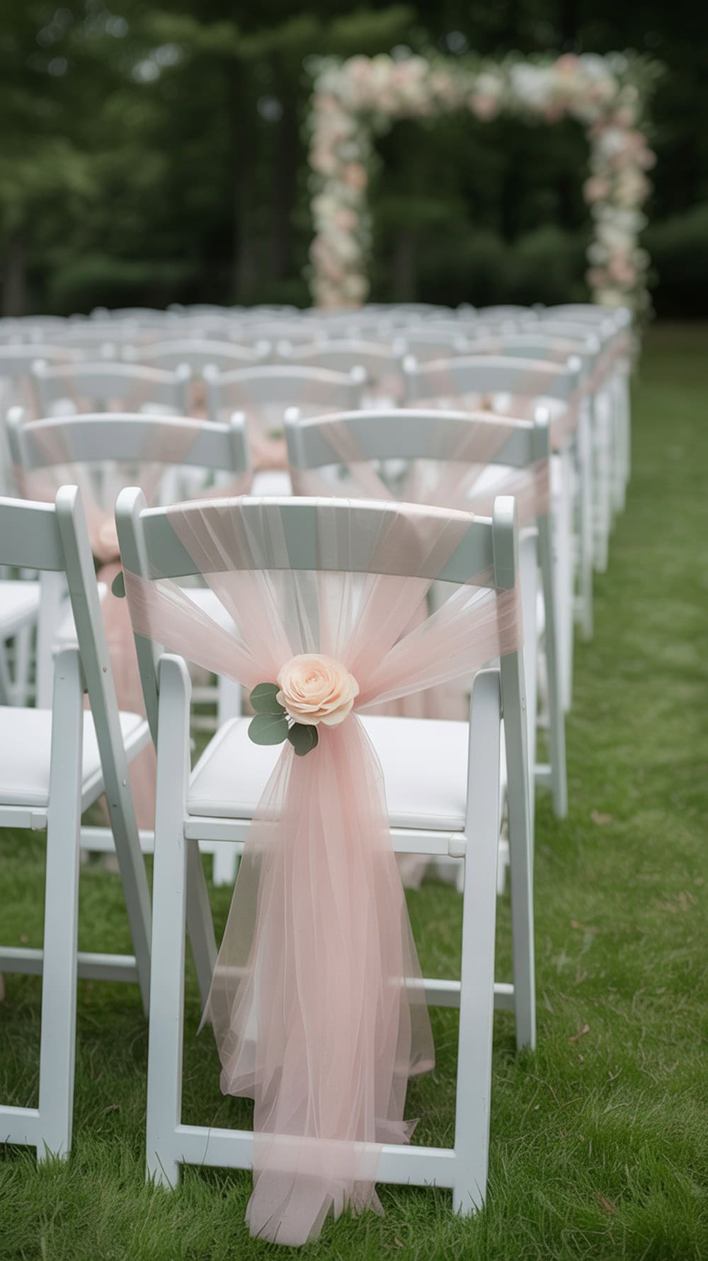 White chairs adorned with light pink tulle ties and small flowers, set up for a wedding ceremony.