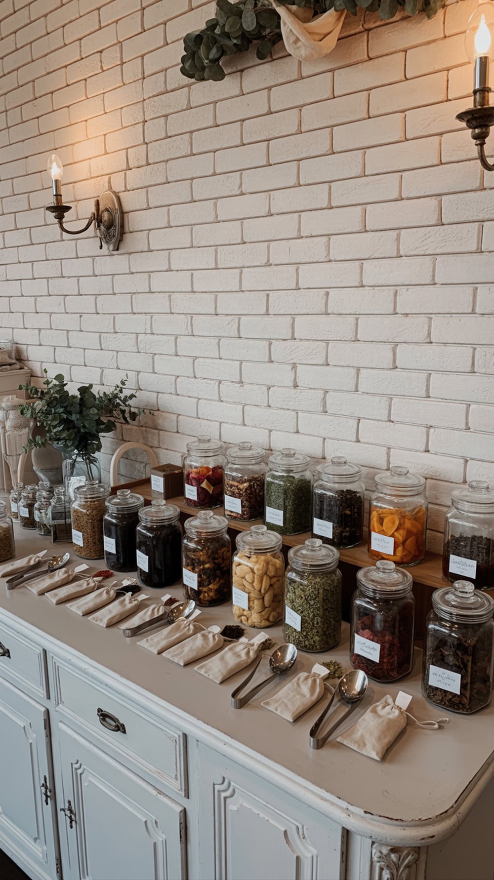 A mix-your-own tea bar with jars of tea leaves, herbs, and spices, ready for guests to create their own blends.