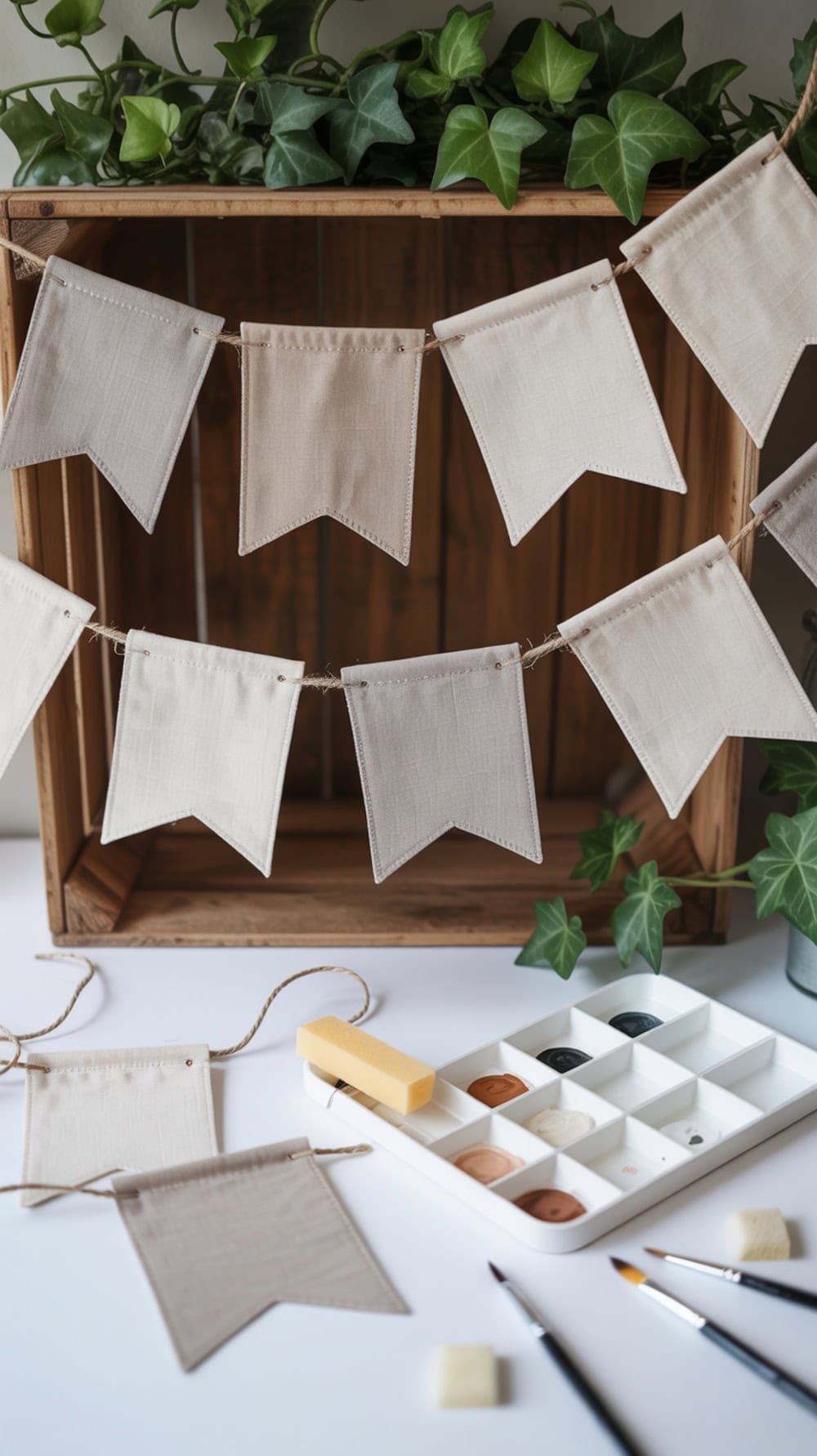 A setup for fabric flag painting with blank flags, paint palette, brushes, and greenery.