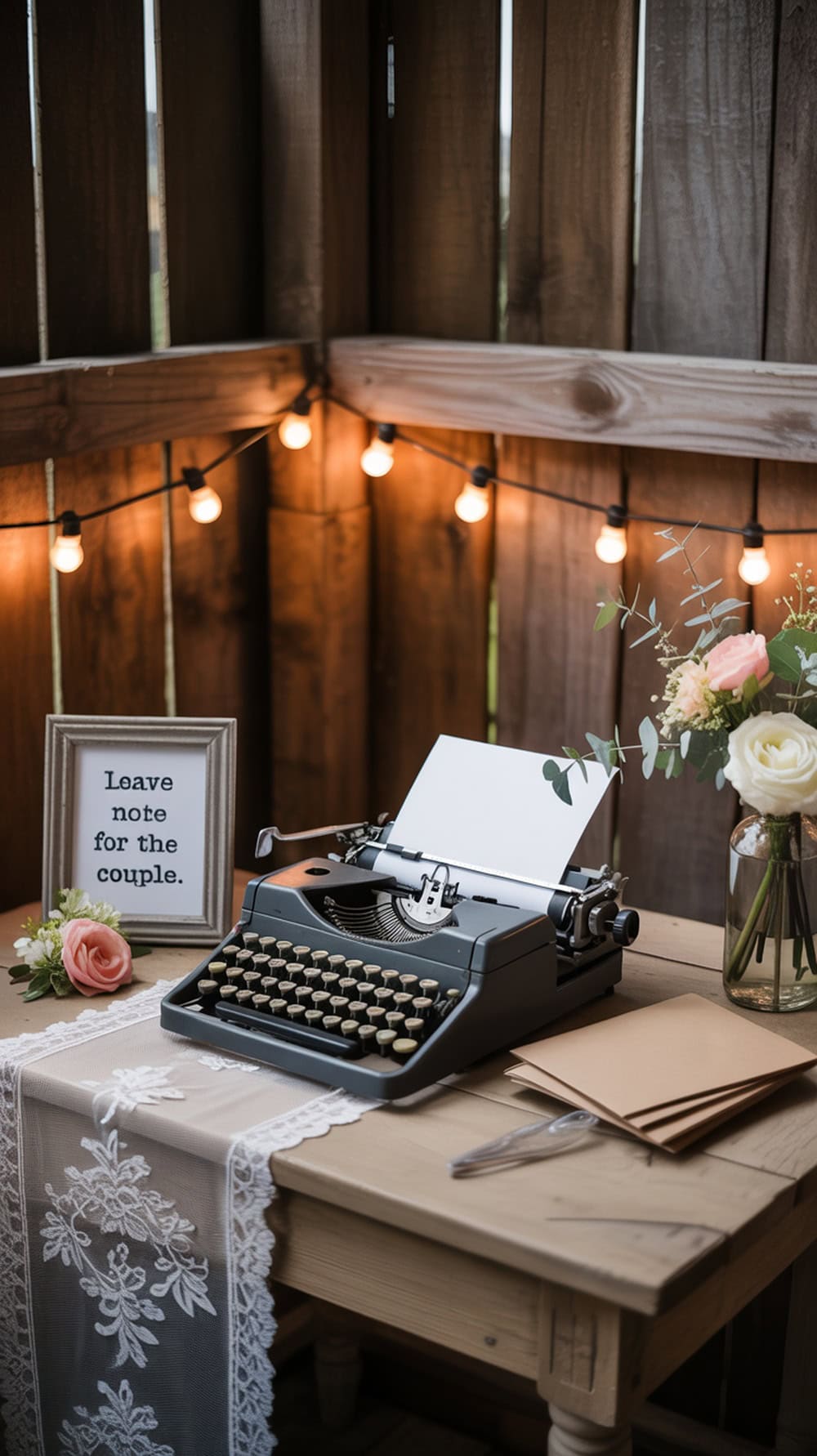 A vintage typewriter on a table with a sign that says 'Leave note for the couple.'