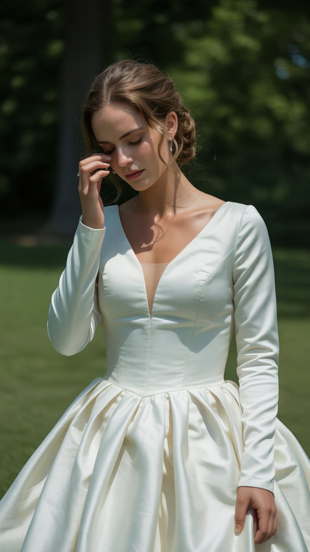 A bride in a long-sleeved wedding dress, looking thoughtful in a green outdoor setting.