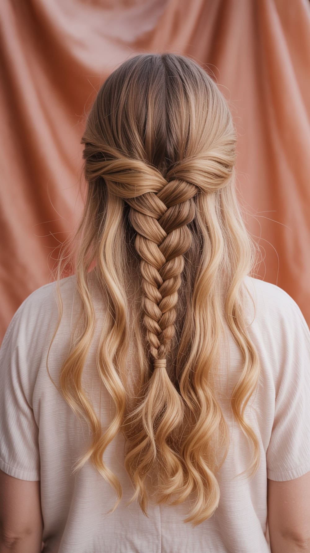 A cascading braid with wavy ends on long hair, showcasing a romantic wedding hairstyle.