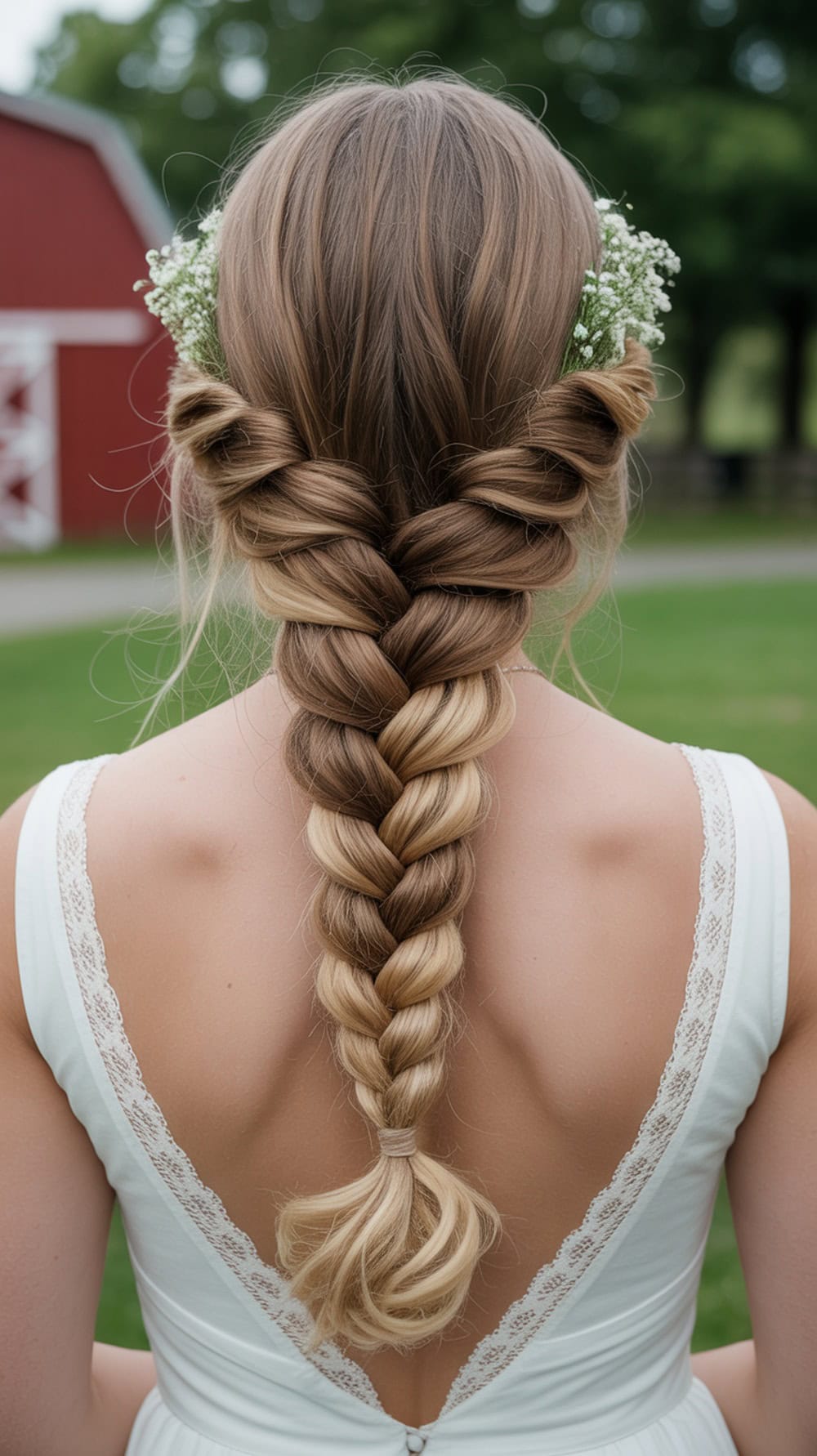 A woman with long hair styled in a boho Dutch braid that transitions into a low twisted bun, adorned with small flowers.