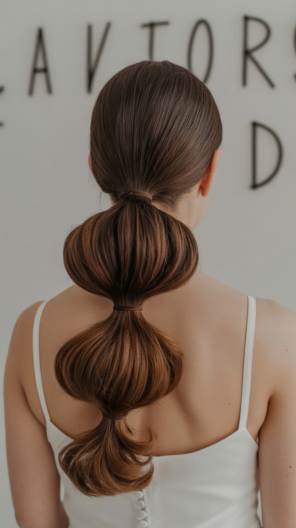 A woman with half-up half-down wedding hair styled in a sectioned bubble ponytail.