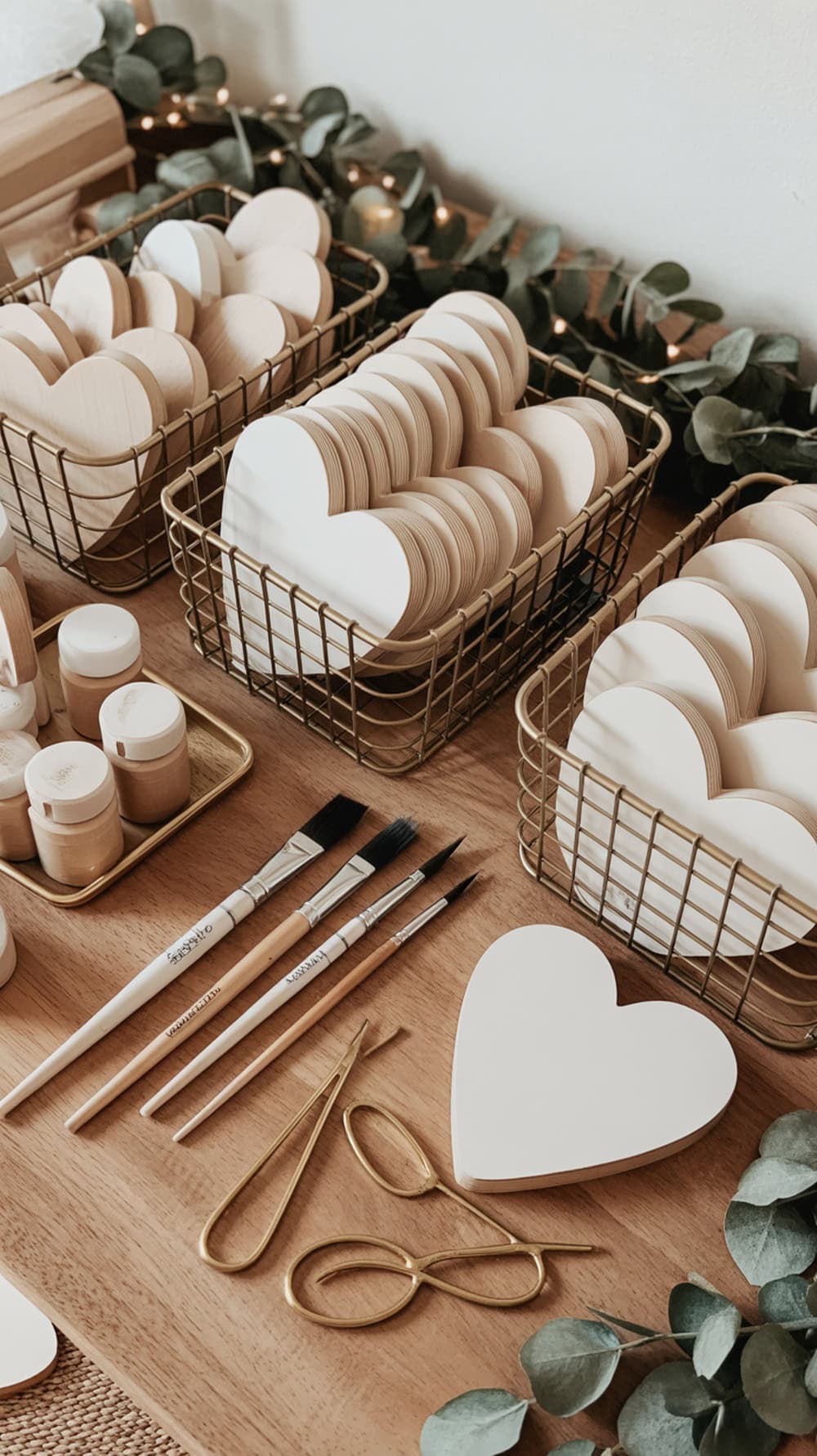 A setup for heart painting keepsakes with wooden hearts, paint pots, and brushes.