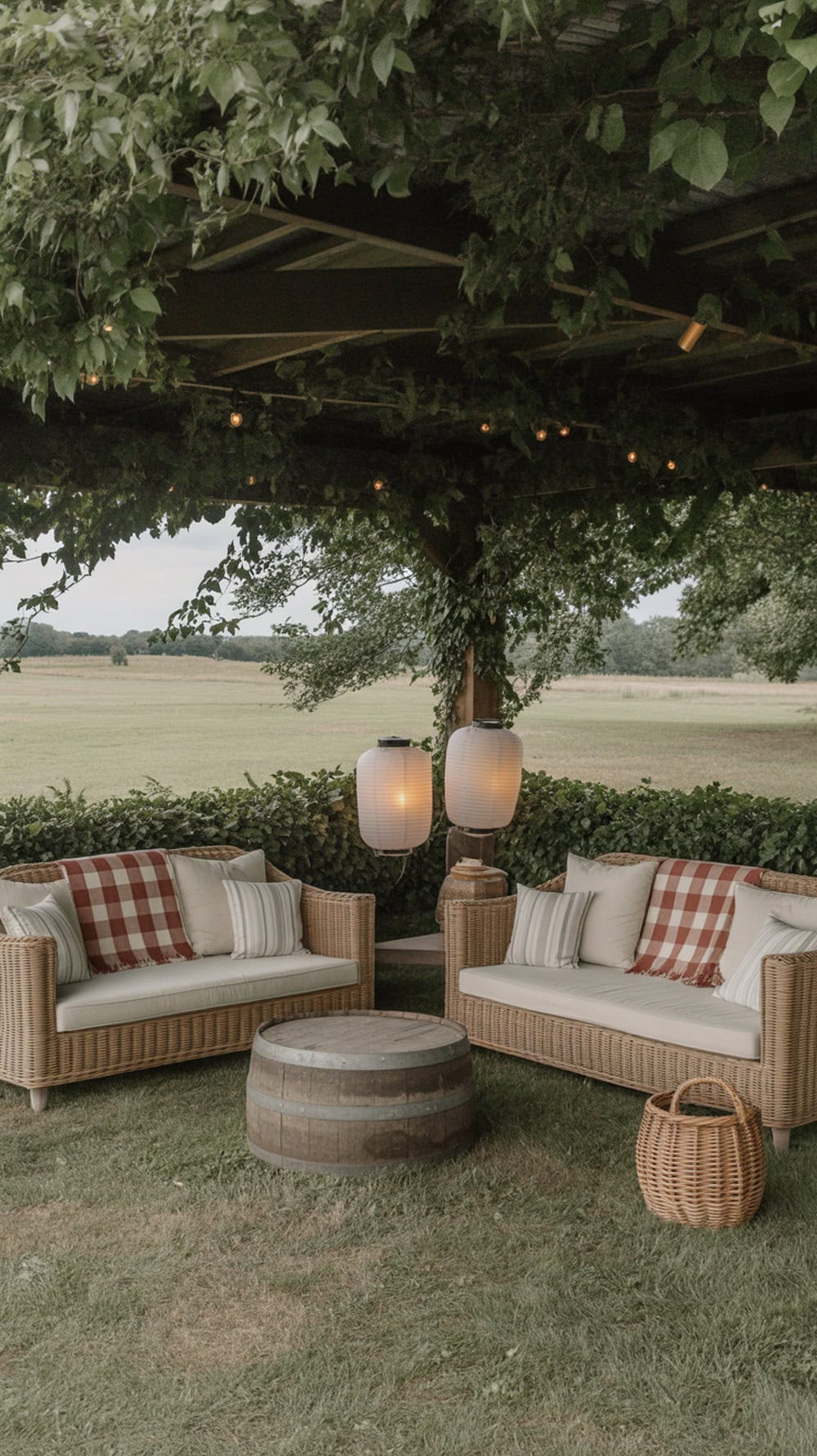 Cozy outdoor lounge area with blankets and lanterns, featuring plush seating and a rustic table.