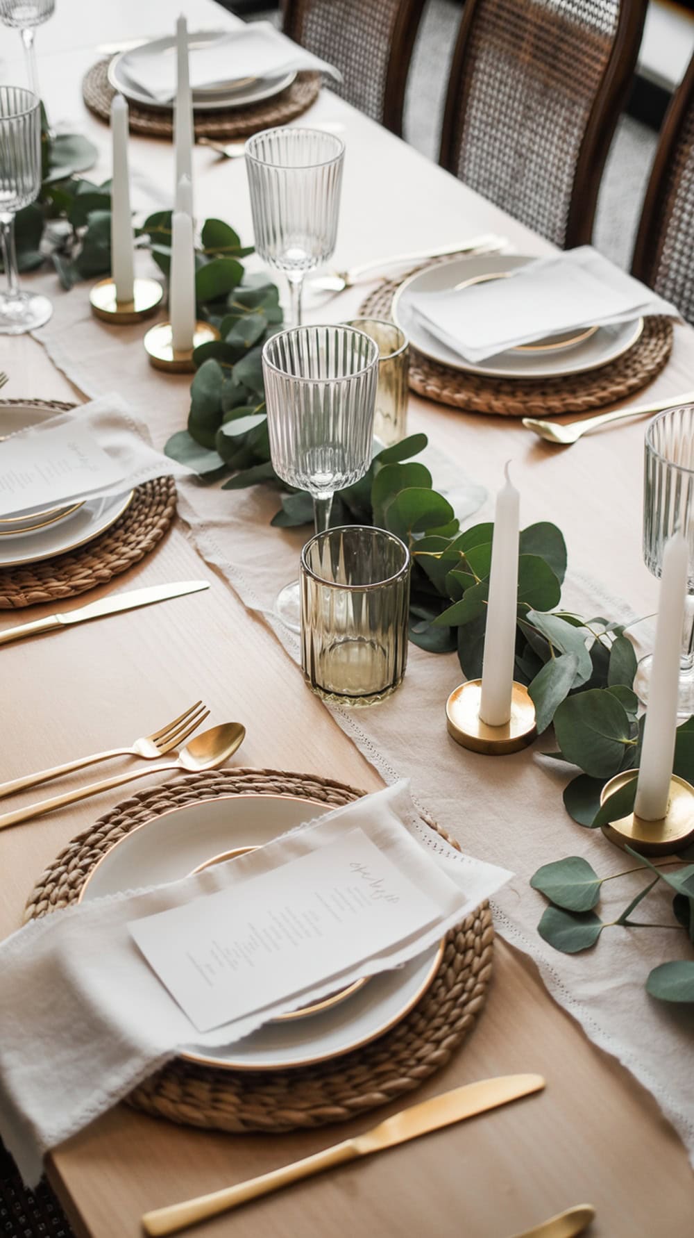 A beautifully set wedding table featuring textured white linens, gold accents, and greenery.