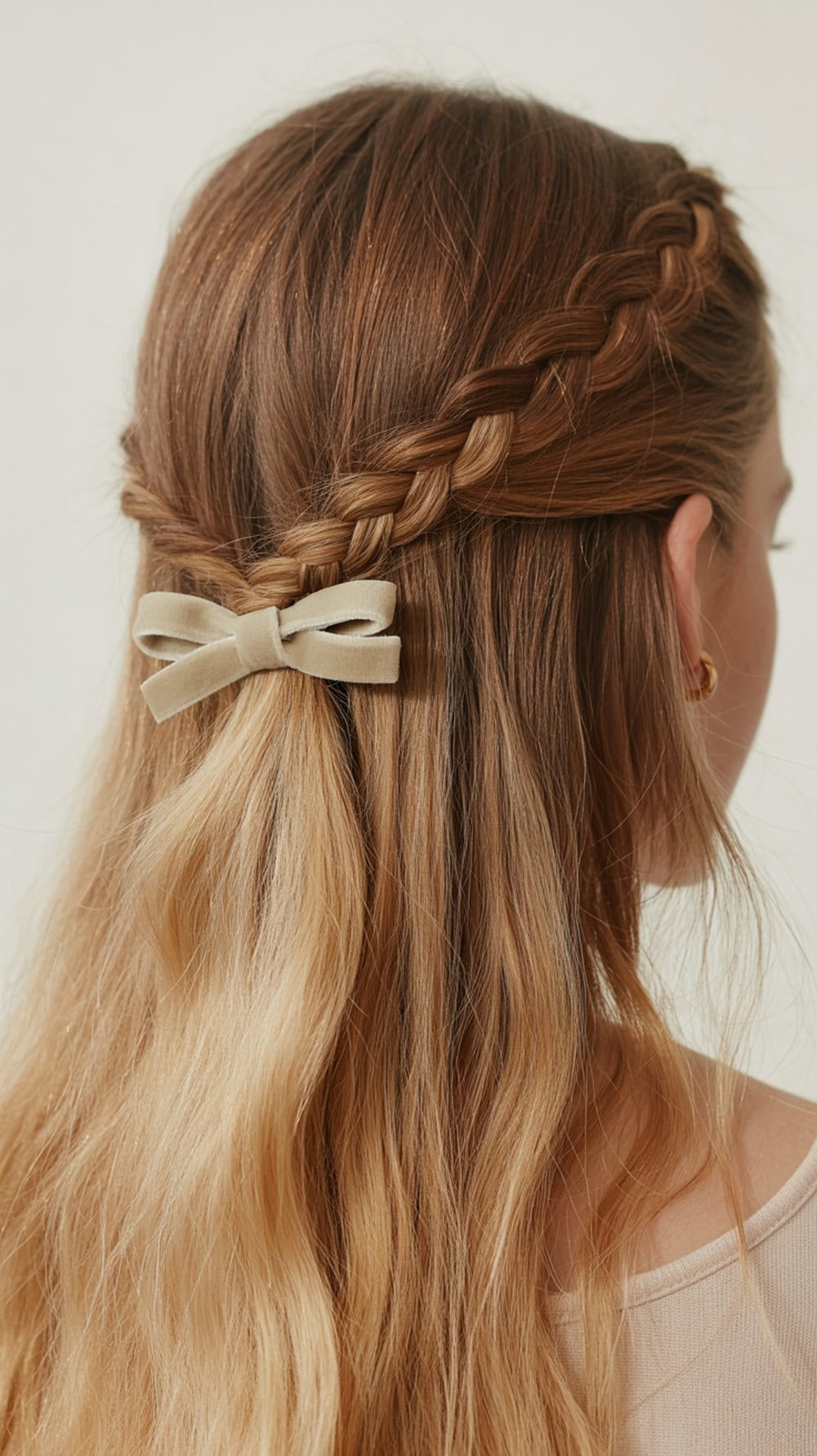 Half-up braided knot hairstyle with a pink bow clip, showcasing long straight hair.