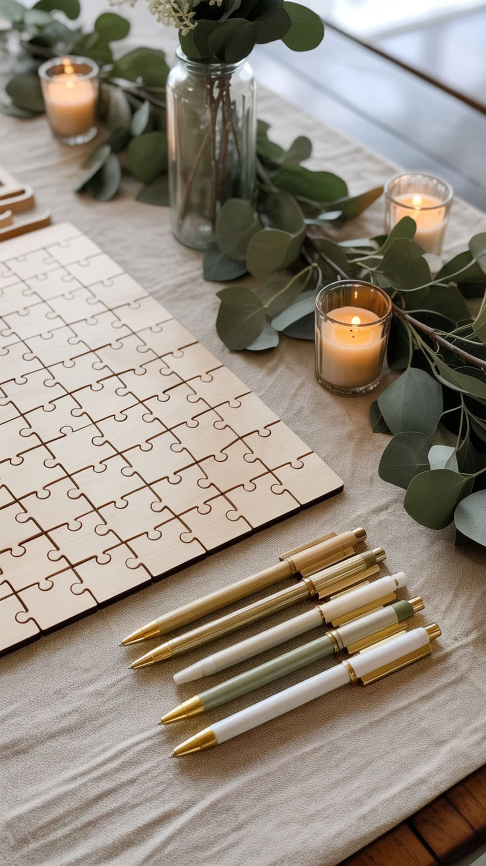 A guest book puzzle station with wooden puzzle pieces, pens, and candles.