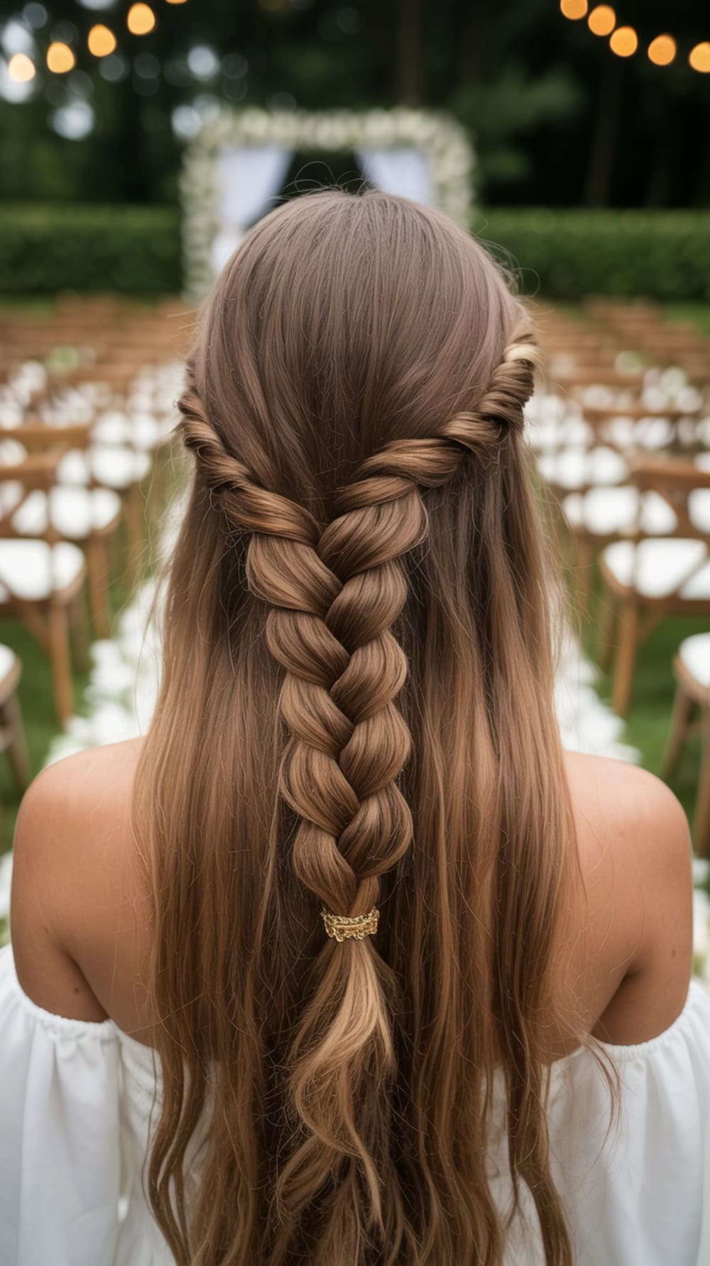 A woman with long hair styled in an S-shaped side braid, adorned with a gold comb.